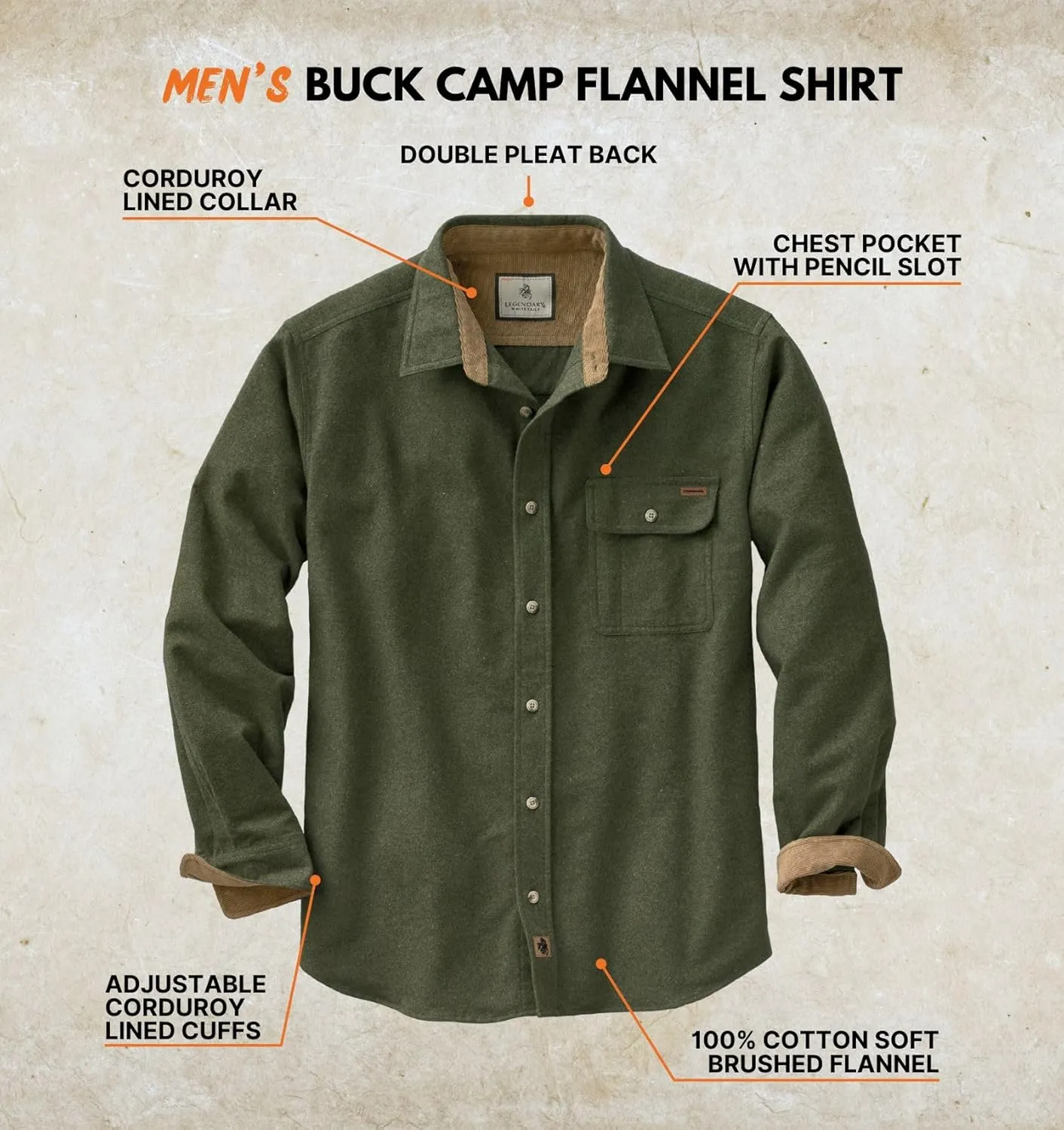 Legendary Whitetails Men's Buck Camp Flannel, Long Sleeve Plaid Button Down Casual Shirt, Corduroy Cuffs