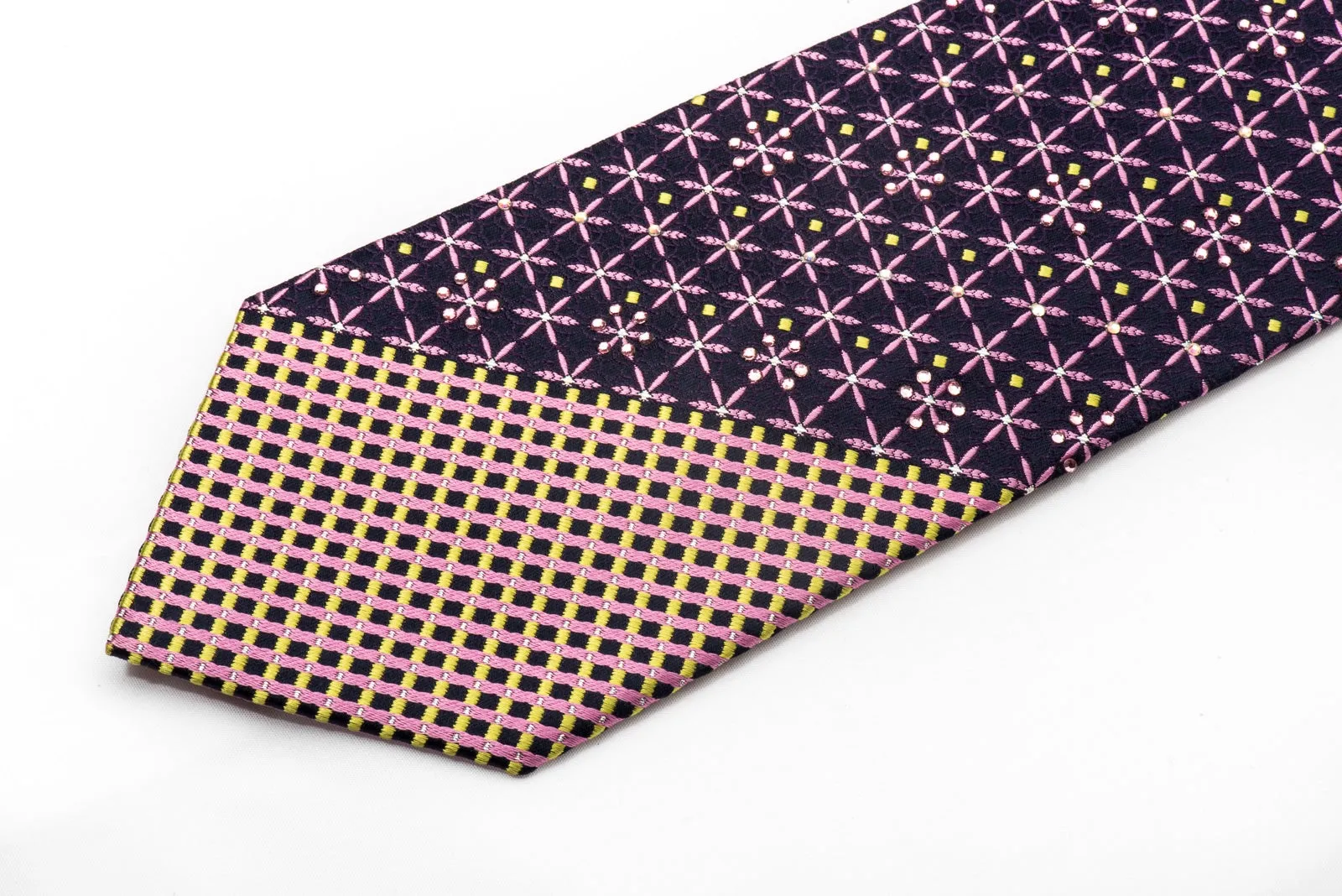 Leslie Vince Men's Silk Necktie Pink Foulard On Navy Sparkling with Rhinestones