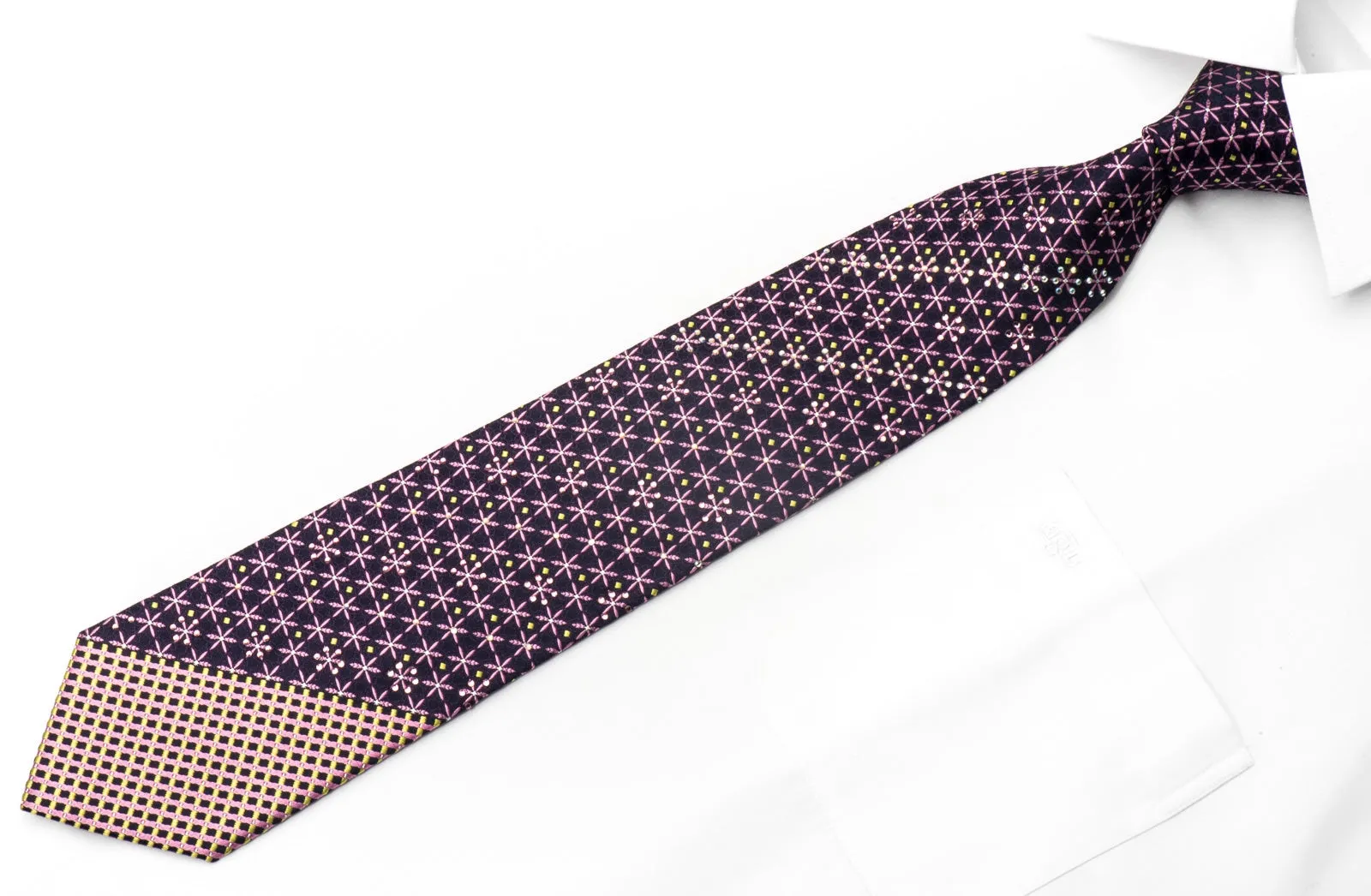 Leslie Vince Men's Silk Necktie Pink Foulard On Navy Sparkling with Rhinestones