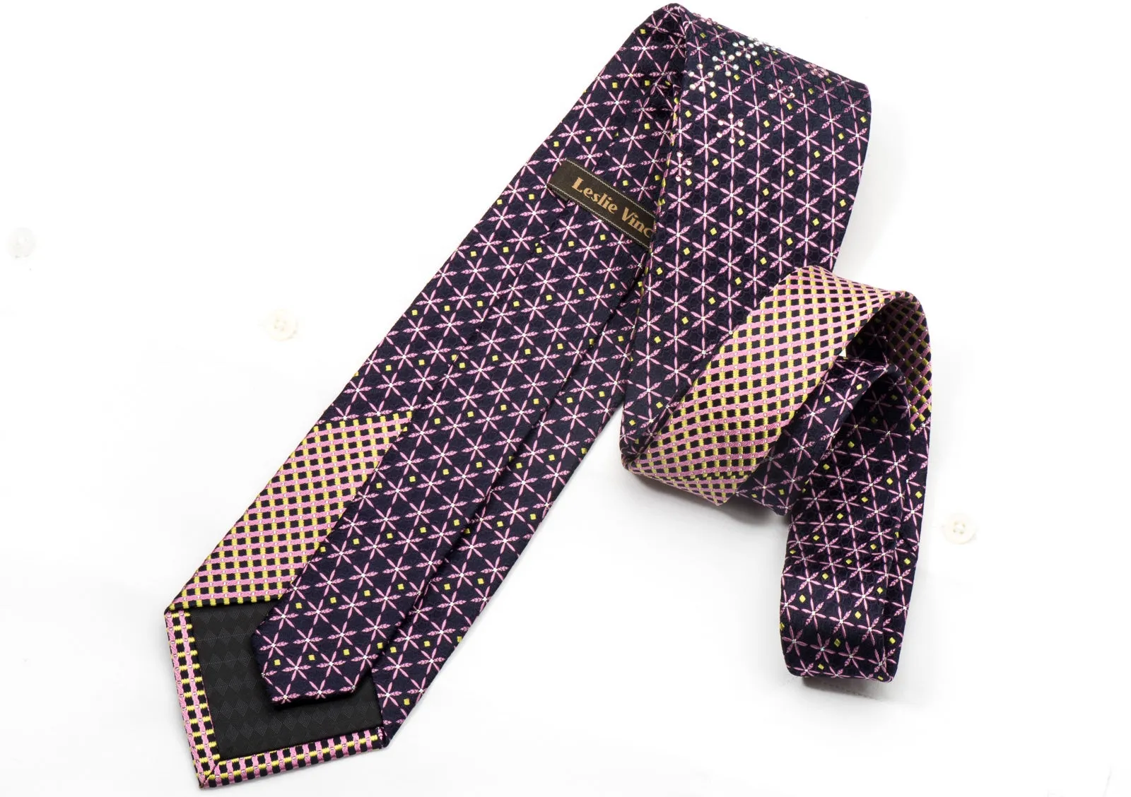 Leslie Vince Men's Silk Necktie Pink Foulard On Navy Sparkling with Rhinestones