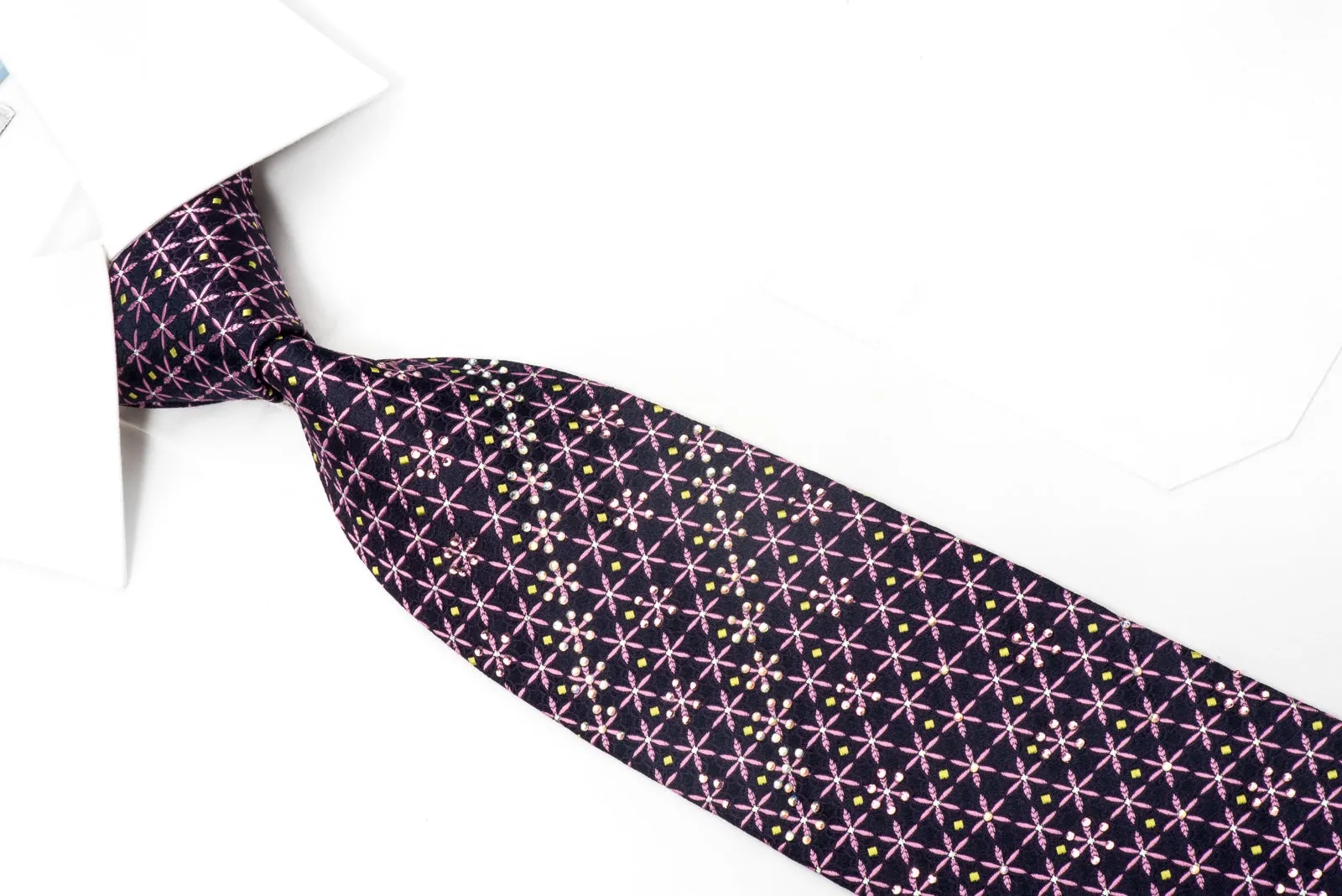 Leslie Vince Men's Silk Necktie Pink Foulard On Navy Sparkling with Rhinestones