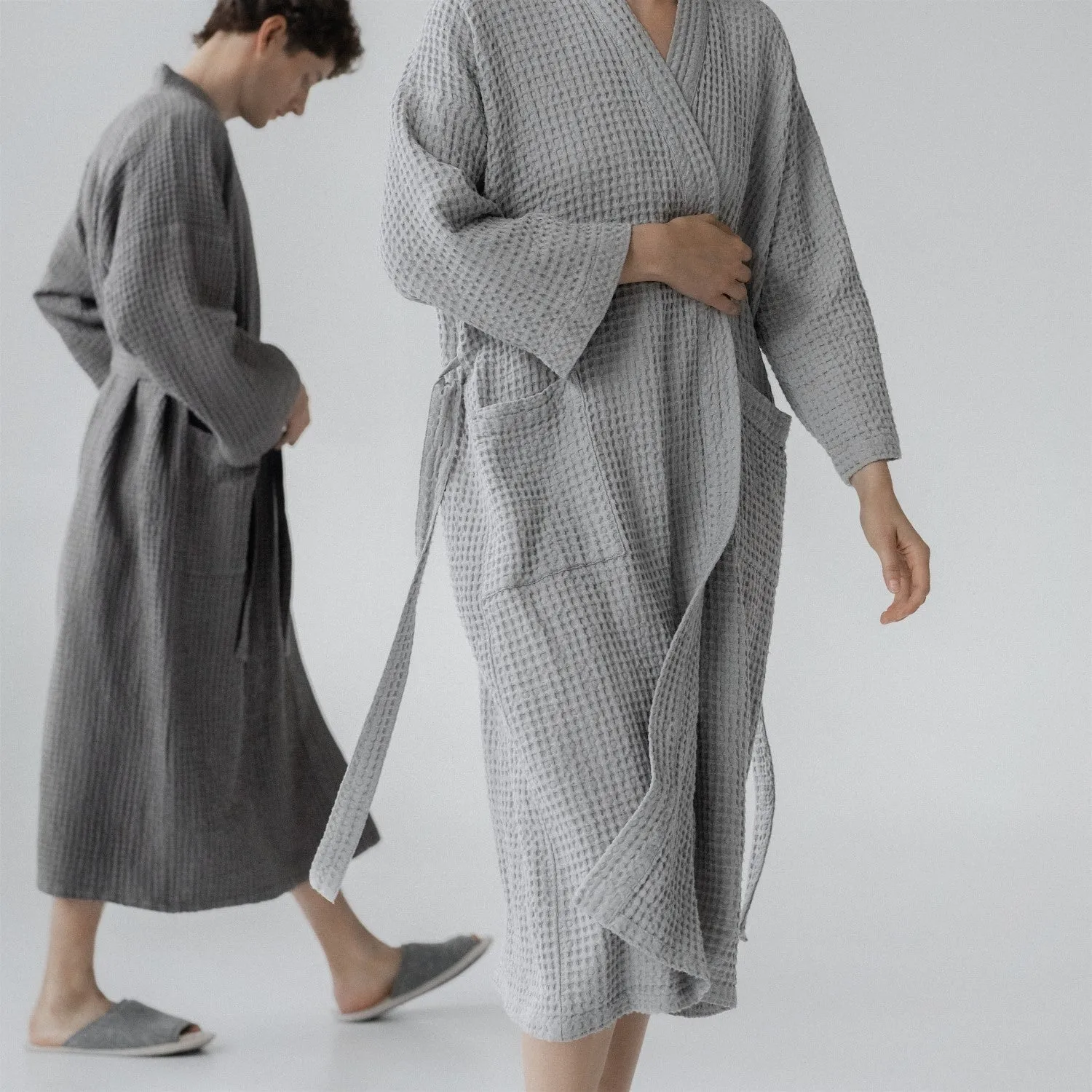 Light Grey Linen & Cotton Waffle Bathrobe