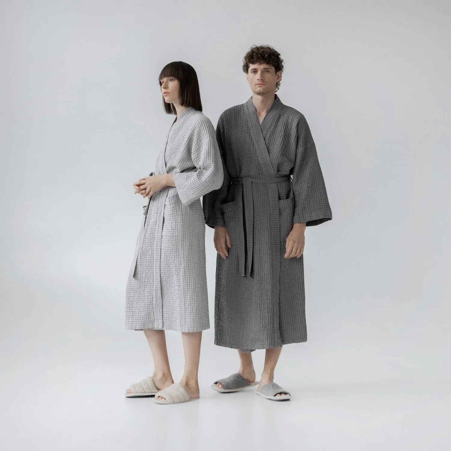 Light Grey Linen & Cotton Waffle Bathrobe