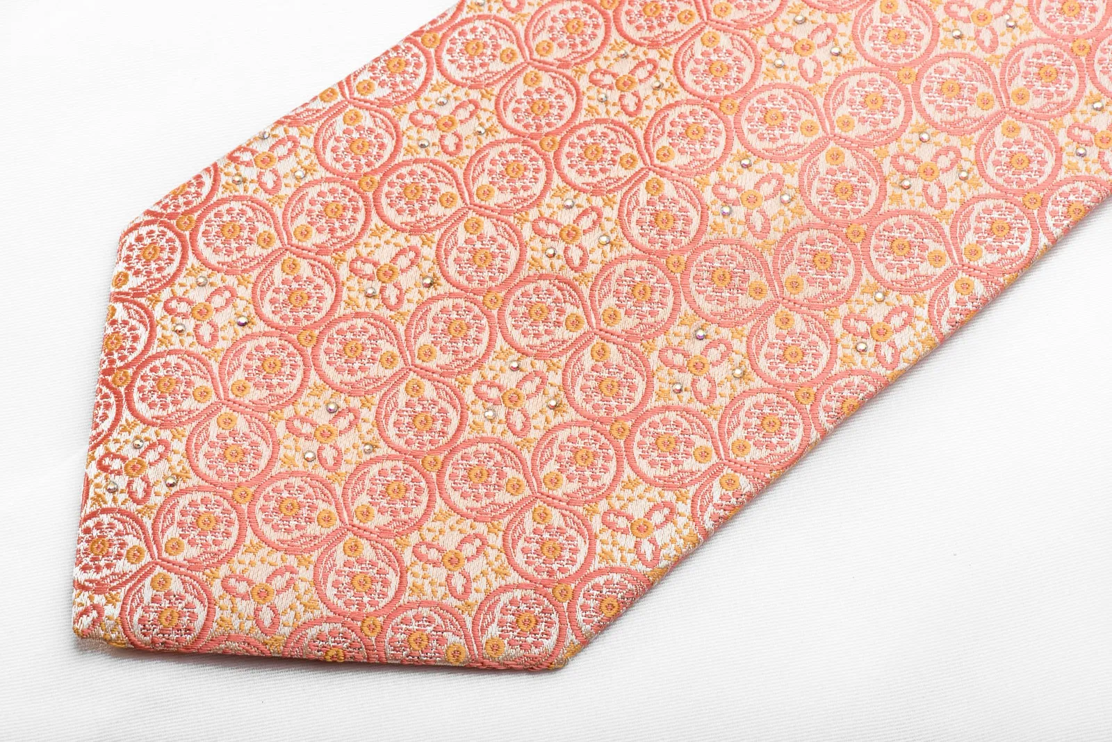 Louis Quatorze Mens Crystal Silk Tie Pink Medallions On Pink With Silver Sparkles