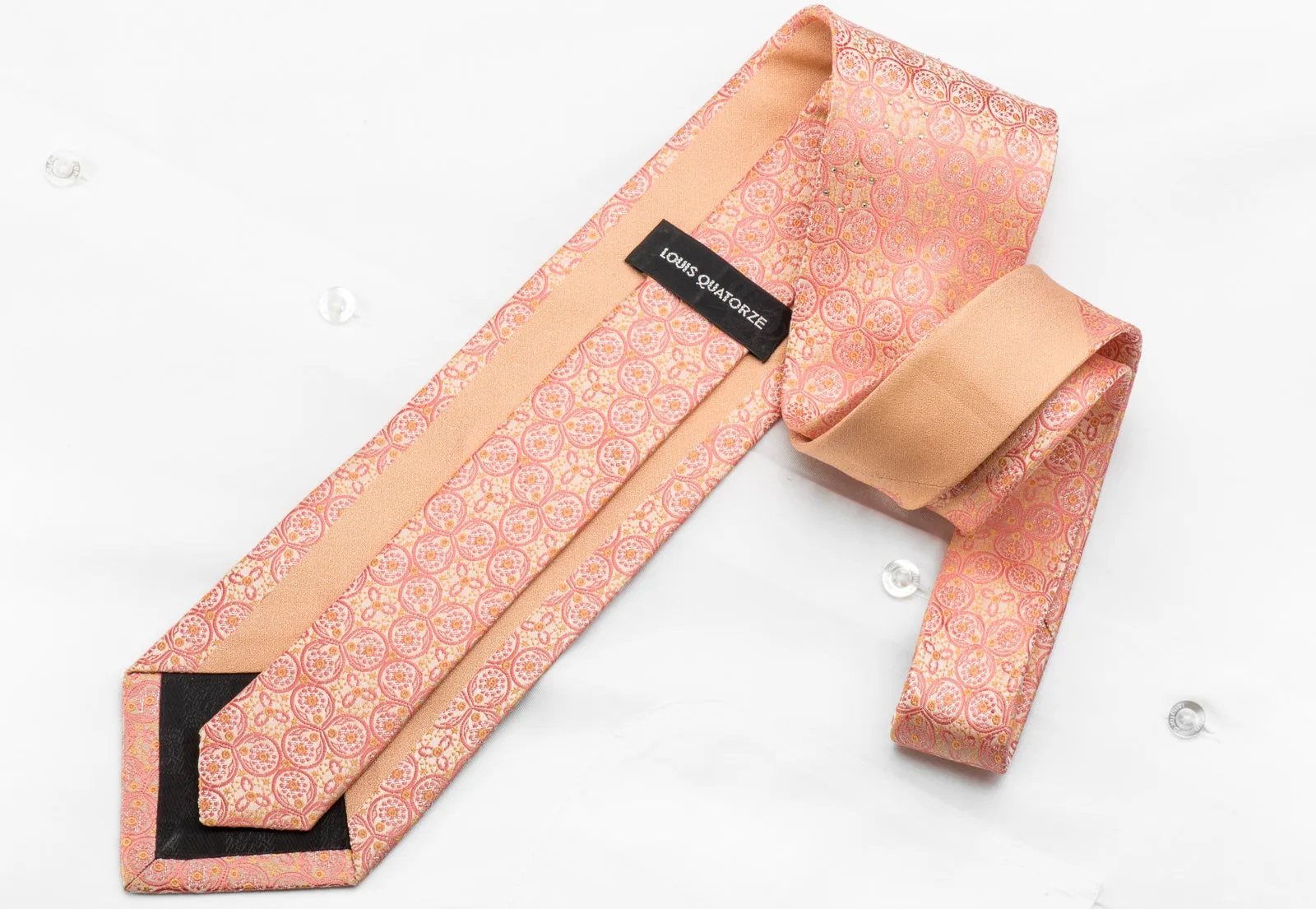 Louis Quatorze Mens Crystal Silk Tie Pink Medallions On Pink With Silver Sparkles