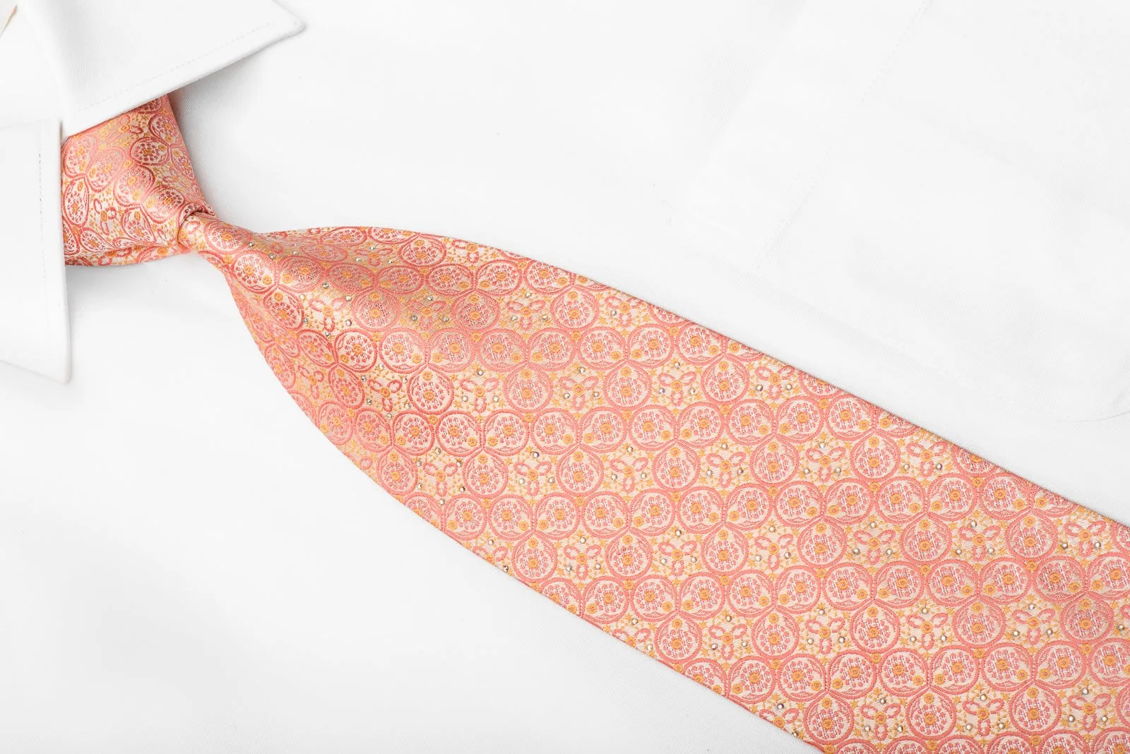 Louis Quatorze Mens Crystal Silk Tie Pink Medallions On Pink With Silver Sparkles