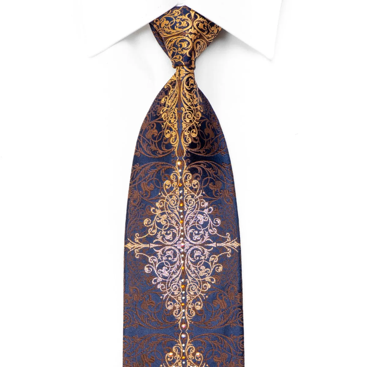Louis Quatorze Rhinestone Tie Brown Orange Damask On Navy With Silver Sparkles