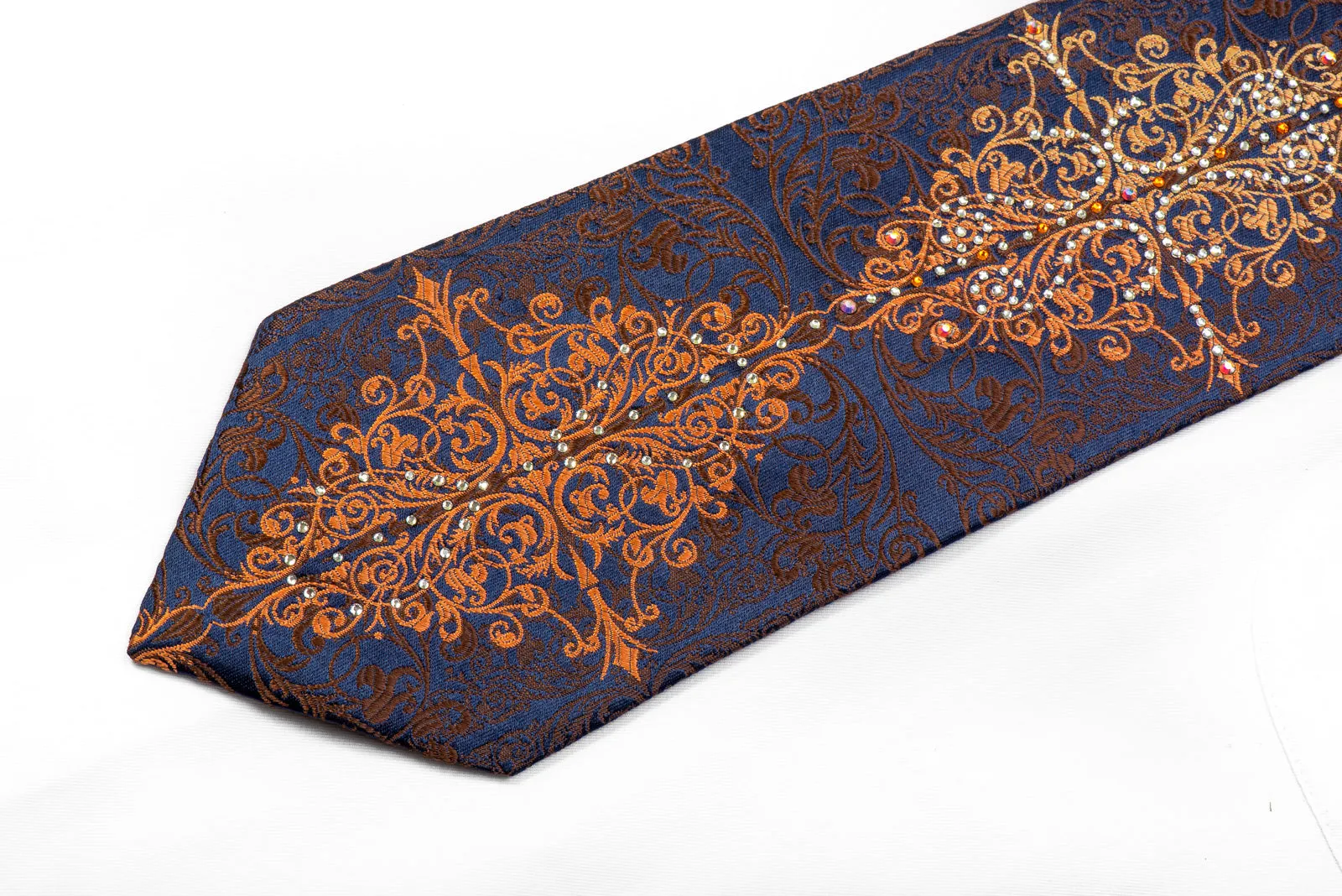 Louis Quatorze Rhinestone Tie Brown Orange Damask On Navy With Silver Sparkles