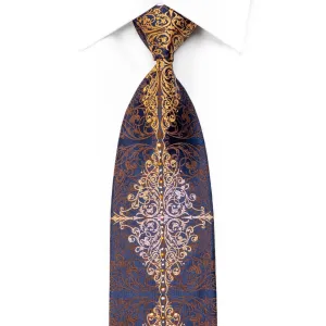 Louis Quatorze Rhinestone Tie Brown Orange Damask On Navy With Silver Sparkles