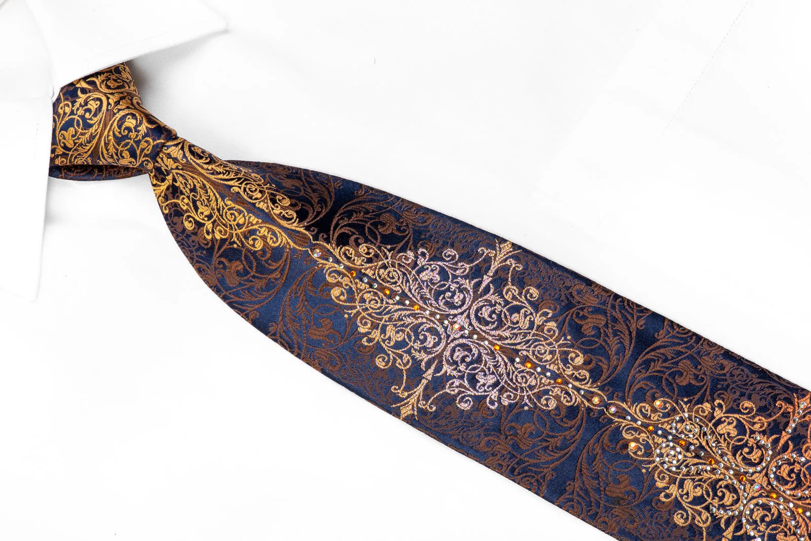 Louis Quatorze Rhinestone Tie Brown Orange Damask On Navy With Silver Sparkles