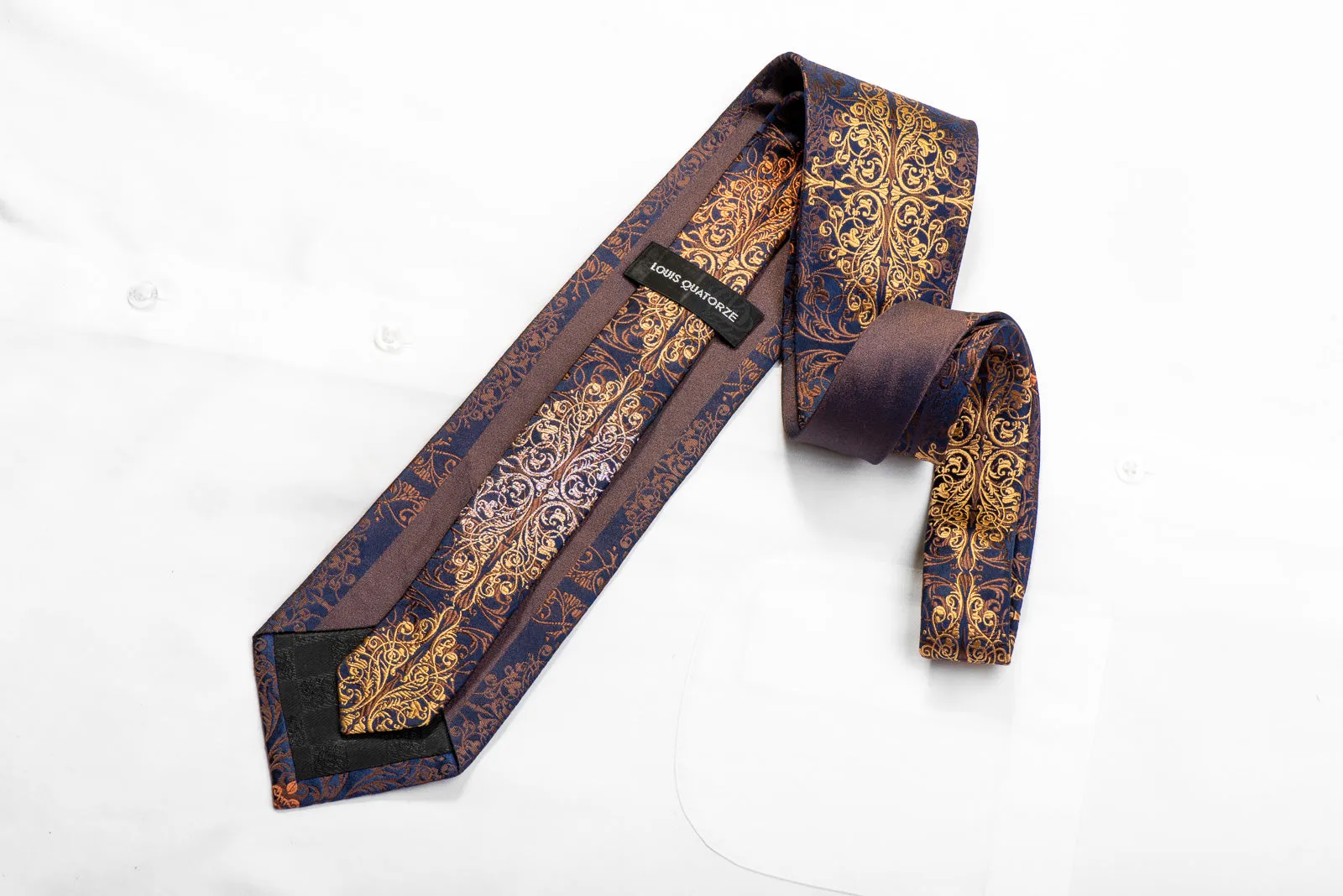 Louis Quatorze Rhinestone Tie Brown Orange Damask On Navy With Silver Sparkles