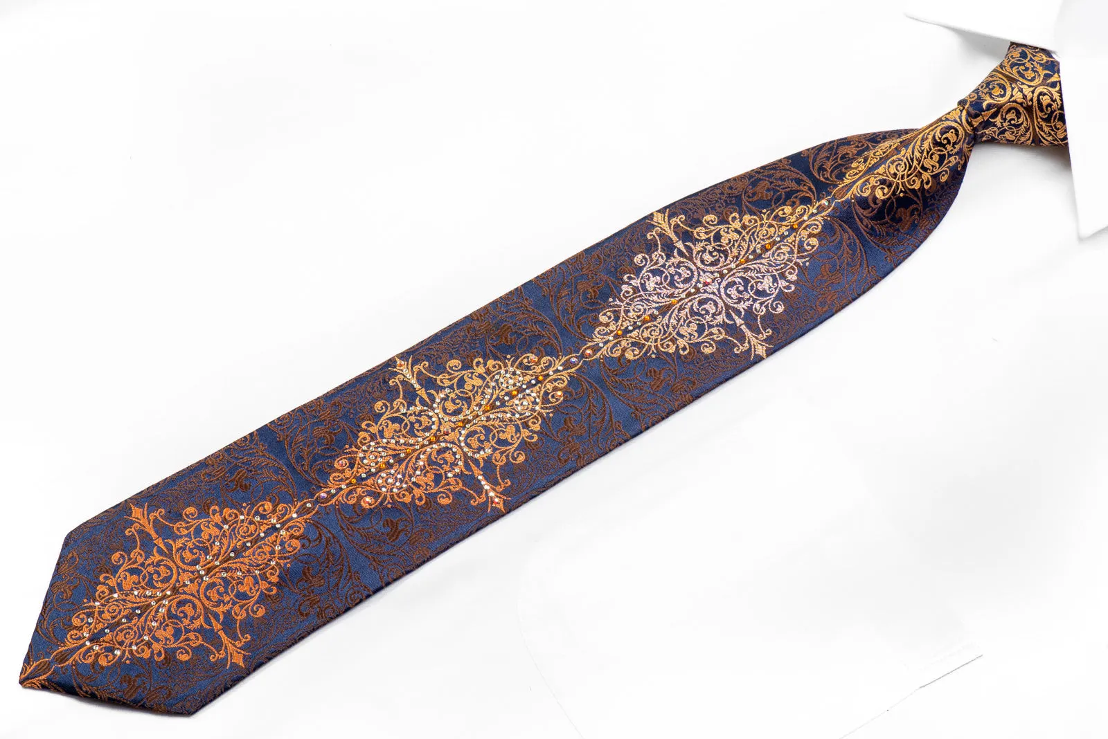 Louis Quatorze Rhinestone Tie Brown Orange Damask On Navy With Silver Sparkles