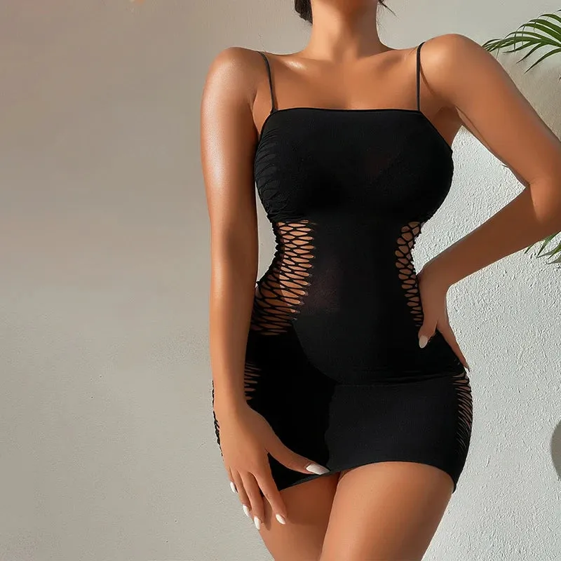 LVSANW Sexy Sleeveless Bodycon Mini Dress Women Spaghetti Strap Party Nightclub Slim Evening Dresses Ladies Plus Size Hollow Clubwear
