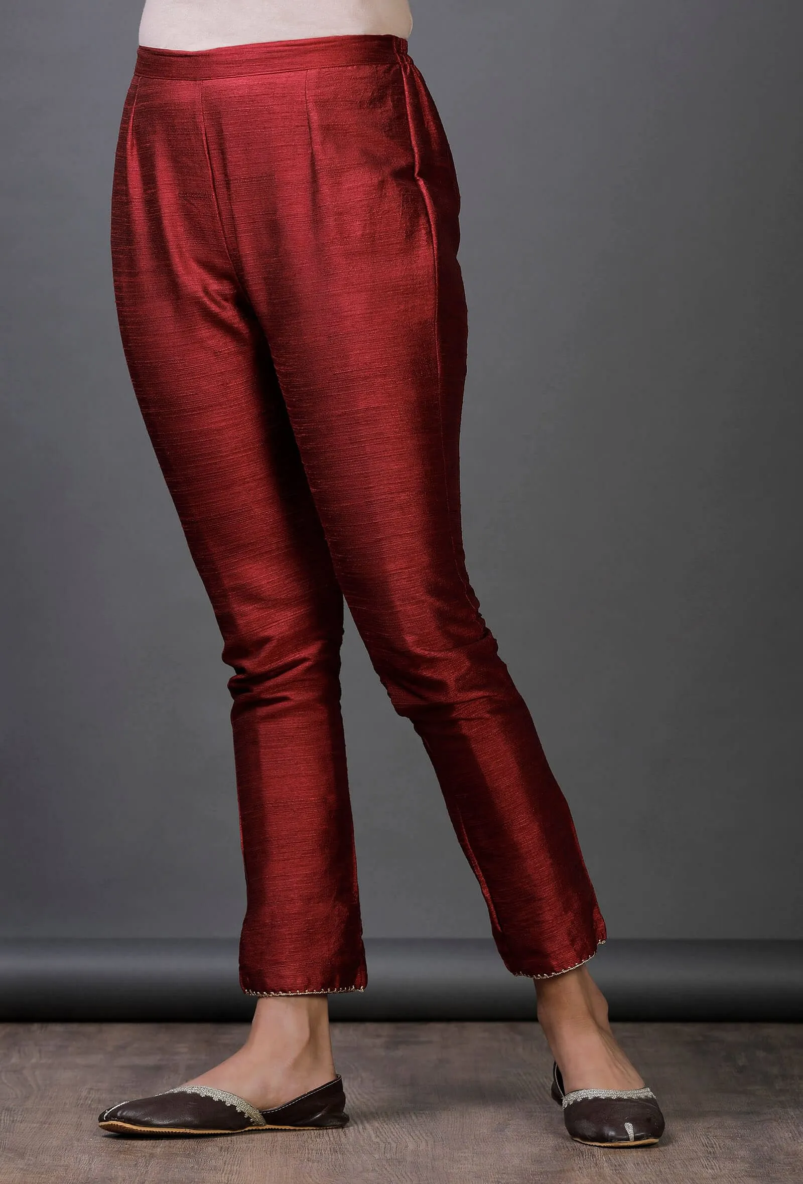 Maroon Raw Silk Zari Crochet Hem Pajama