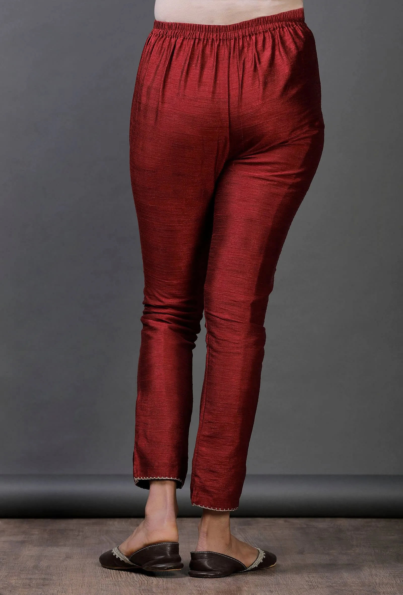 Maroon Raw Silk Zari Crochet Hem Pajama