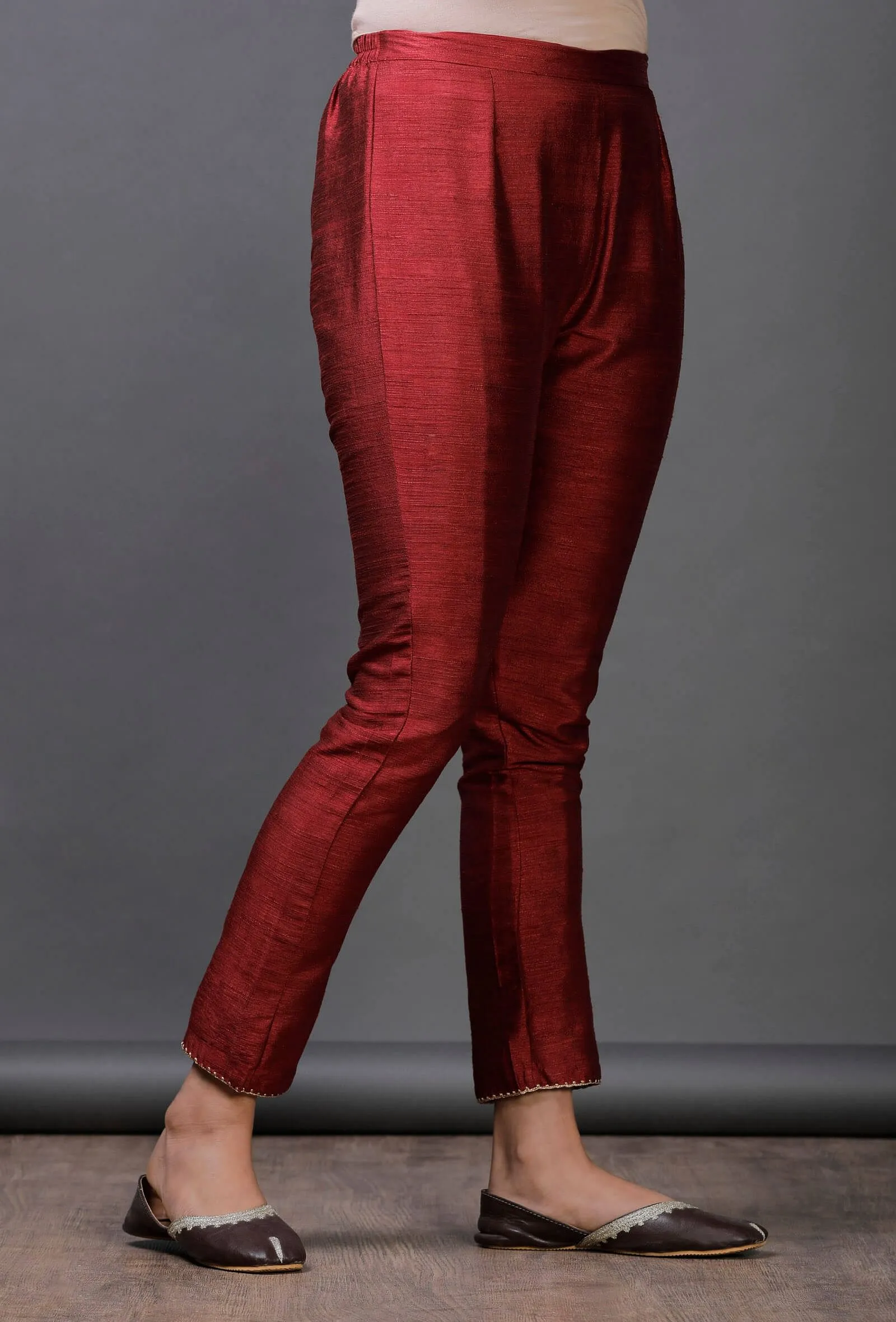 Maroon Raw Silk Zari Crochet Hem Pajama