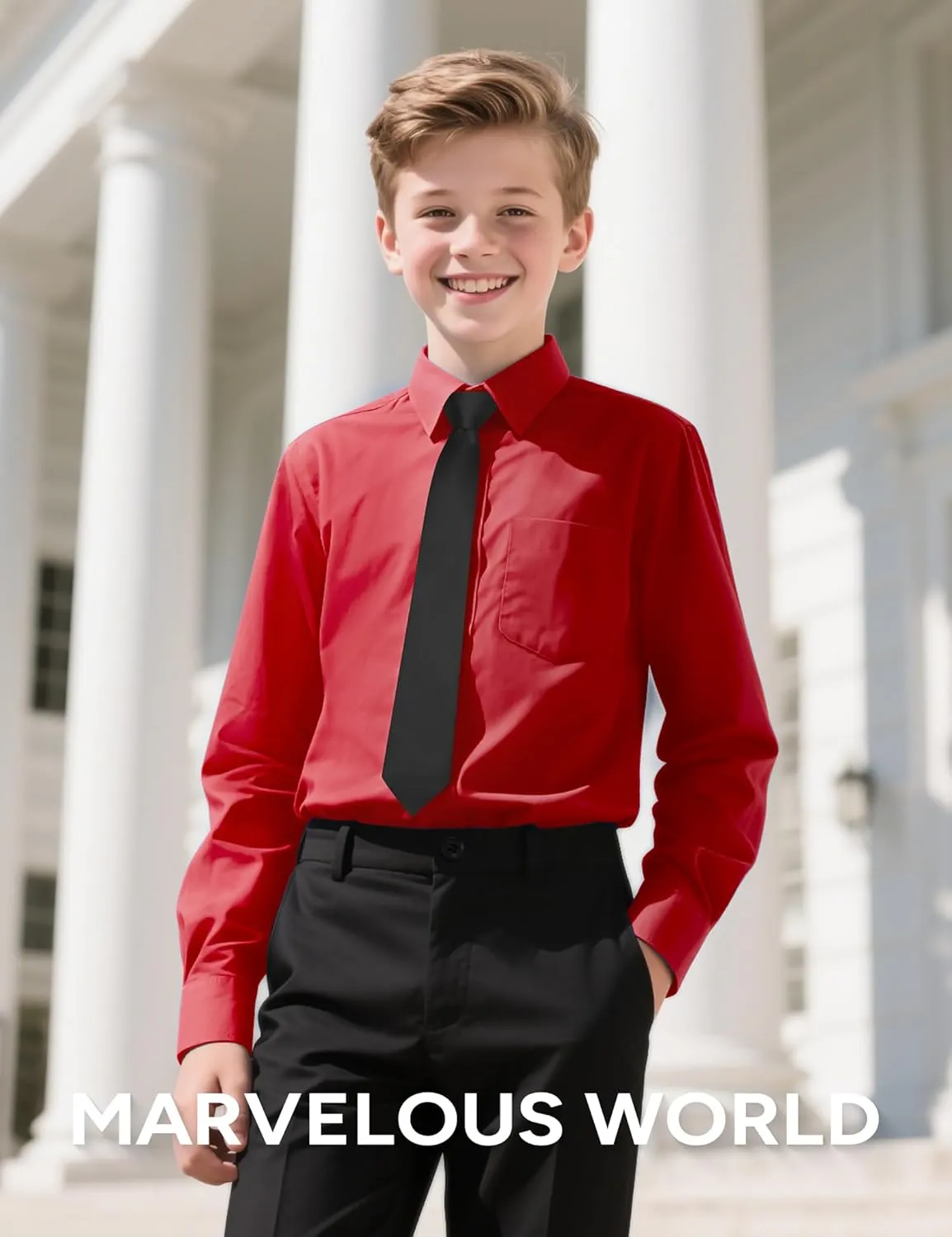 Marvelous World Boys' Long Sleeve Solid Buttoned Cuffs Dress Shirt Kids Casual Button Down Shirts with Chest Pocket