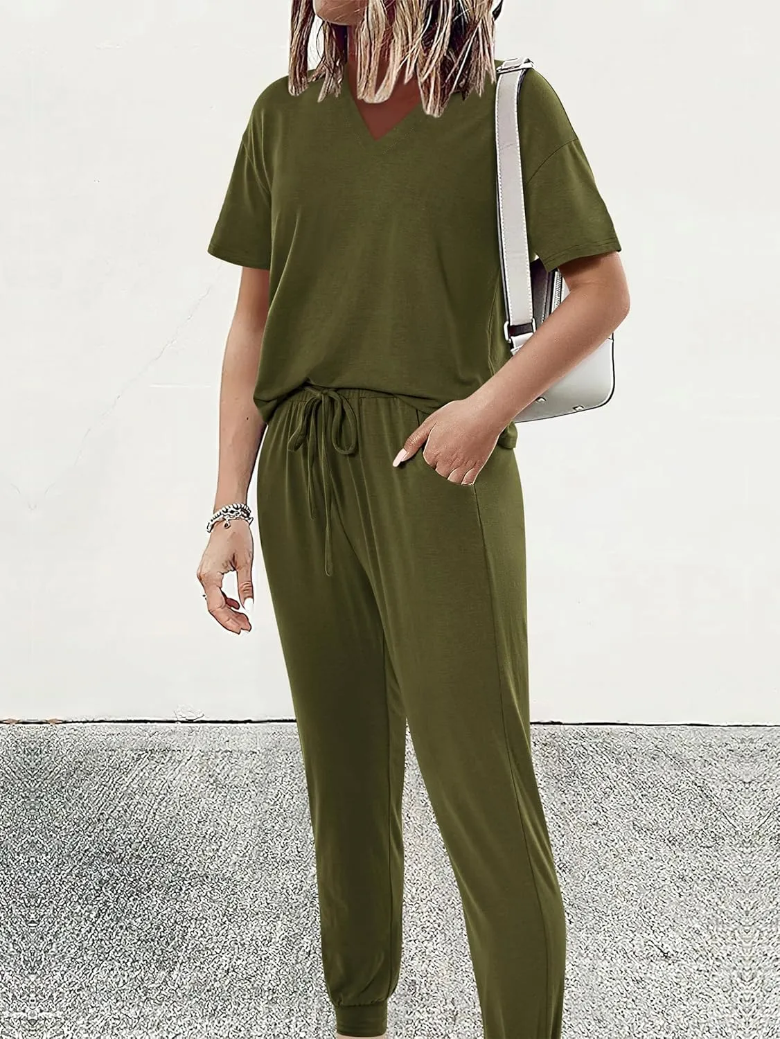 MASCOMODA Womens 2 Piece Outfits Summer Casual V Neck Short Sleeve Tops Long Pants Tracksuit Lounge Jogger Set with Pockets