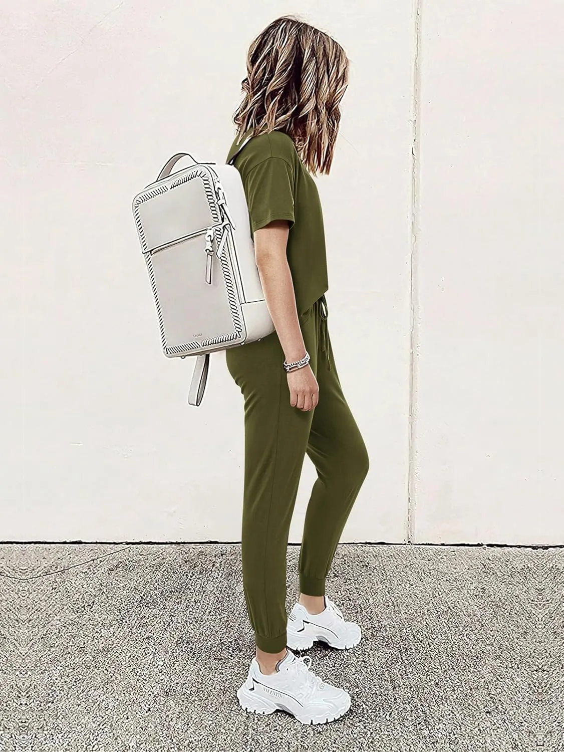 MASCOMODA Womens 2 Piece Outfits Summer Casual V Neck Short Sleeve Tops Long Pants Tracksuit Lounge Jogger Set with Pockets