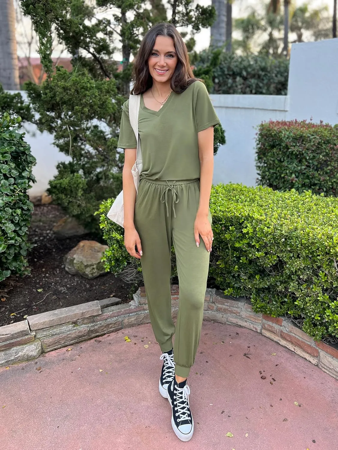 MASCOMODA Womens 2 Piece Outfits Summer Casual V Neck Short Sleeve Tops Long Pants Tracksuit Lounge Jogger Set with Pockets