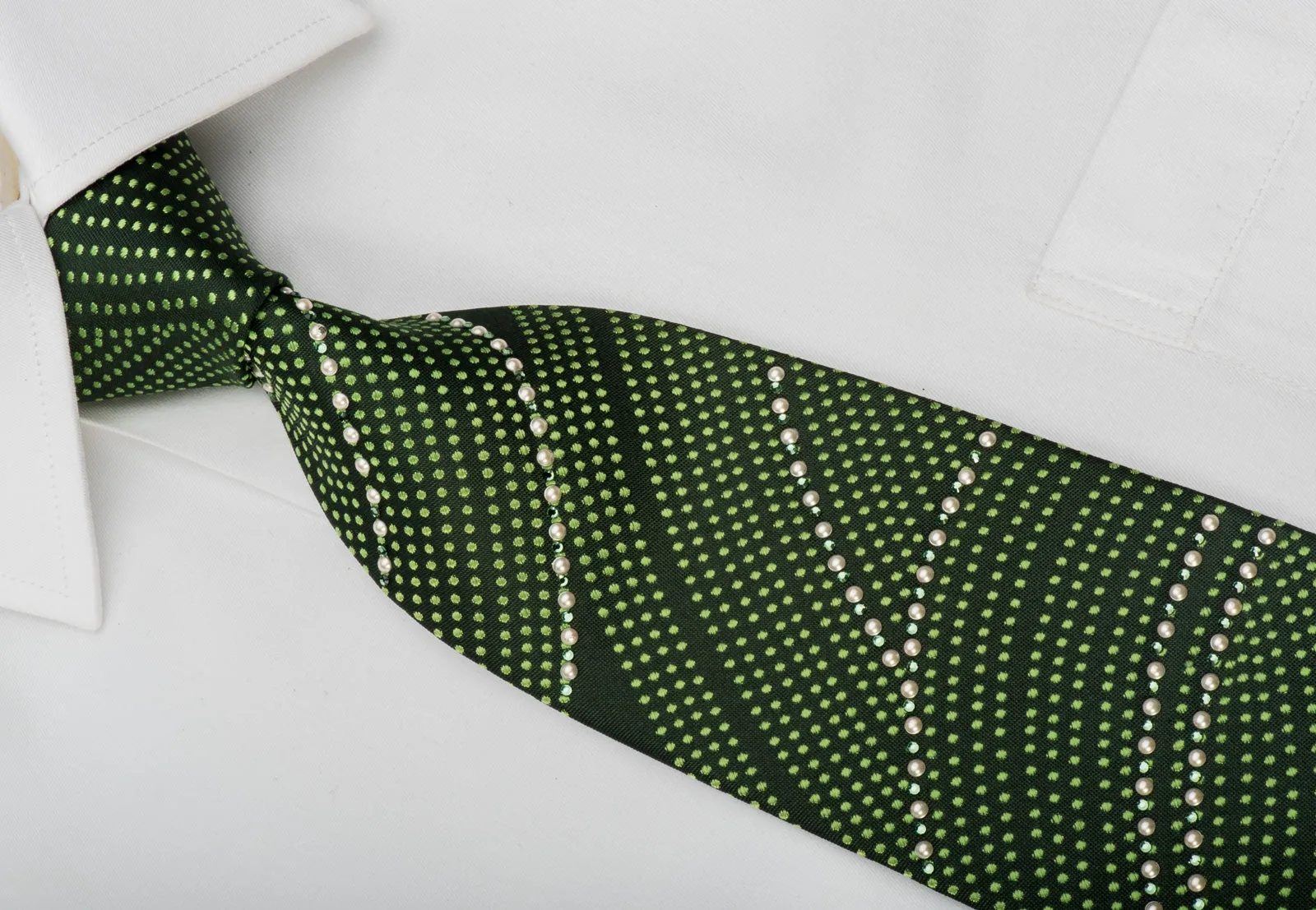 MCM Silk Tie Pearls & Dots On Green Sparkling With Green Rhinestones