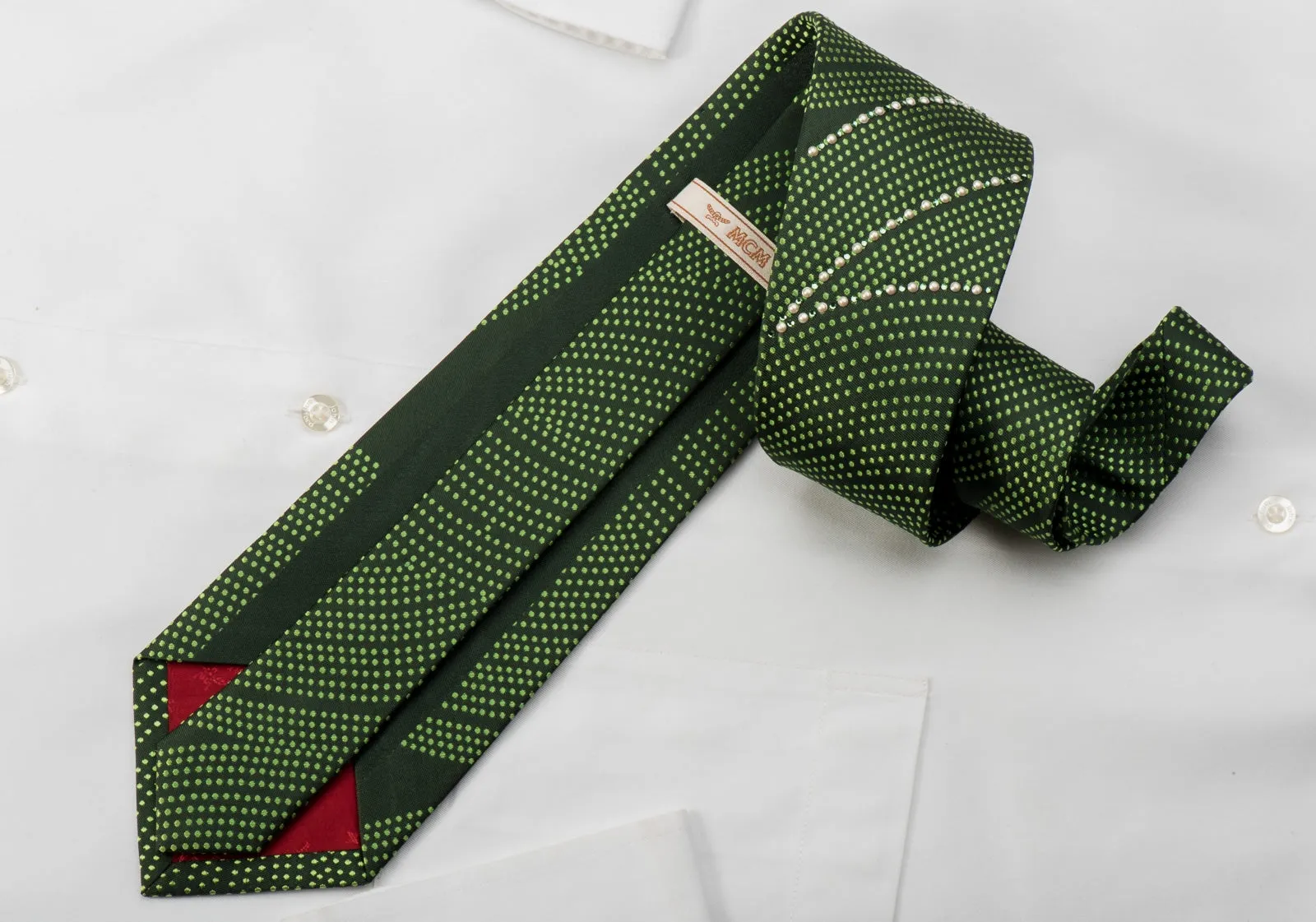 MCM Silk Tie Pearls & Dots On Green Sparkling With Green Rhinestones