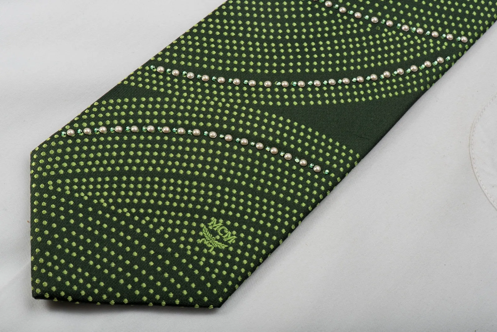 MCM Silk Tie Pearls & Dots On Green Sparkling With Green Rhinestones