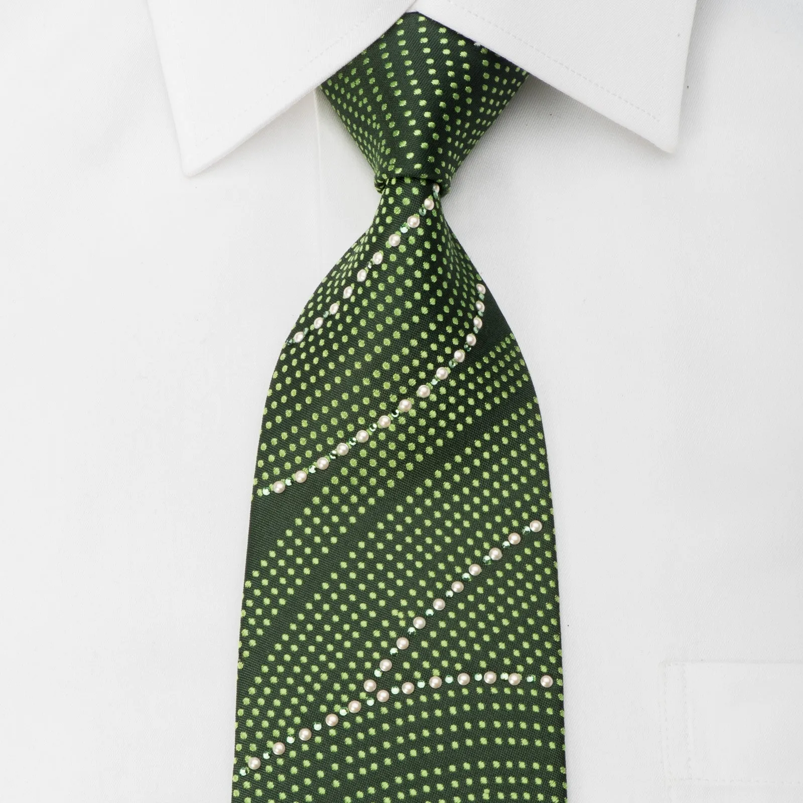MCM Silk Tie Pearls & Dots On Green Sparkling With Green Rhinestones