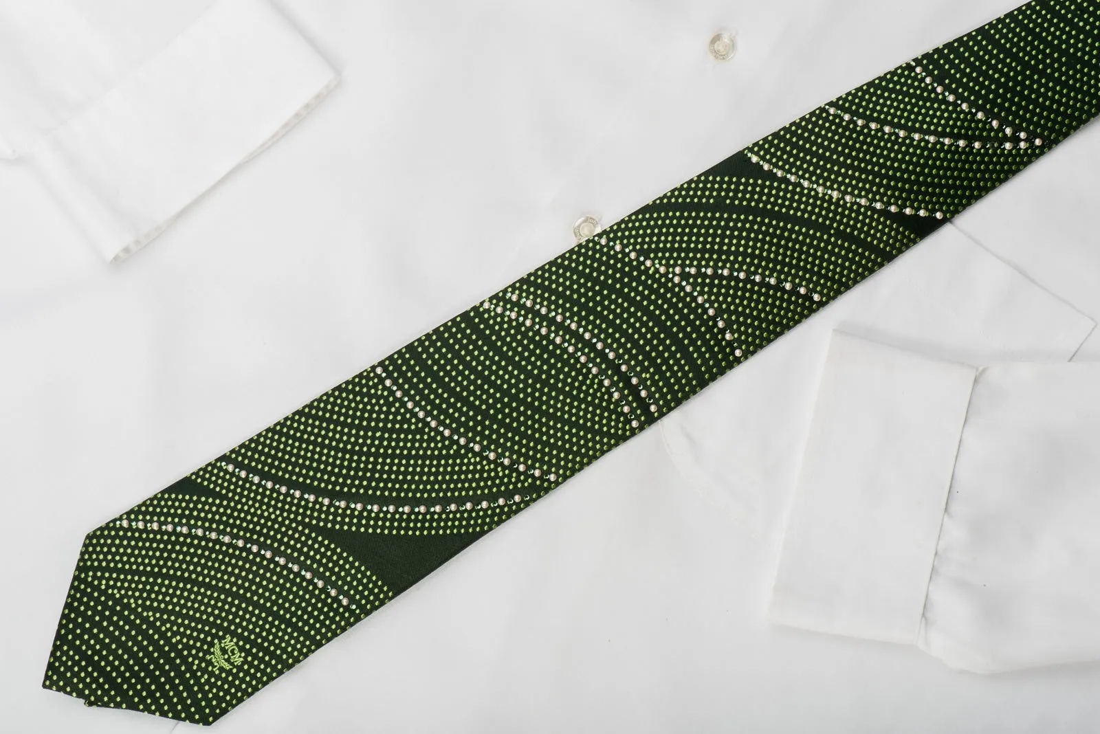 MCM Silk Tie Pearls & Dots On Green Sparkling With Green Rhinestones