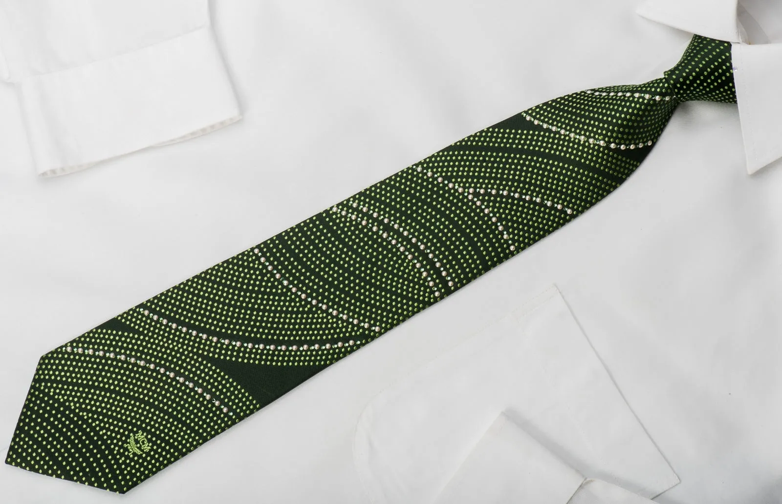 MCM Silk Tie Pearls & Dots On Green Sparkling With Green Rhinestones