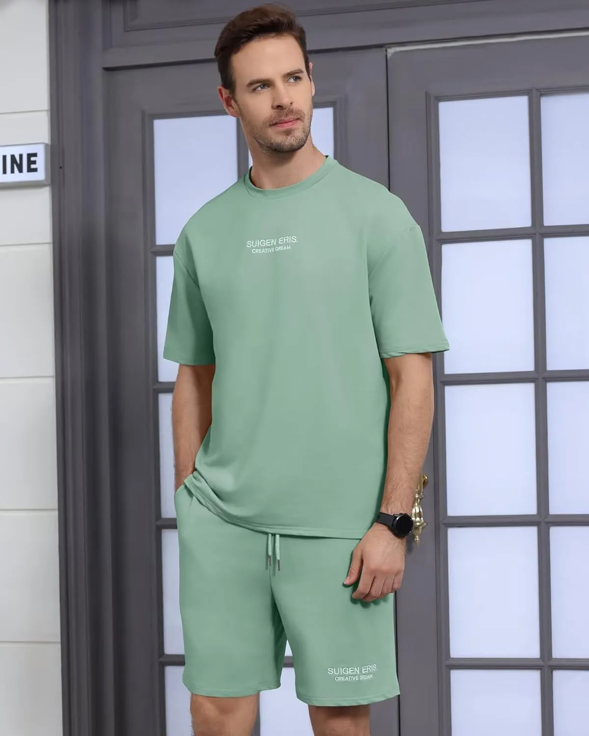 Men's 2 Piece Outfits Letter Drop Shoulder Oversize Tee Shirt Shorts Set Athletic Jogging Summer Tracksuit
