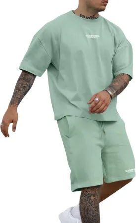 Men's 2 Piece Outfits Letter Drop Shoulder Oversize Tee Shirt Shorts Set Athletic Jogging Summer Tracksuit
