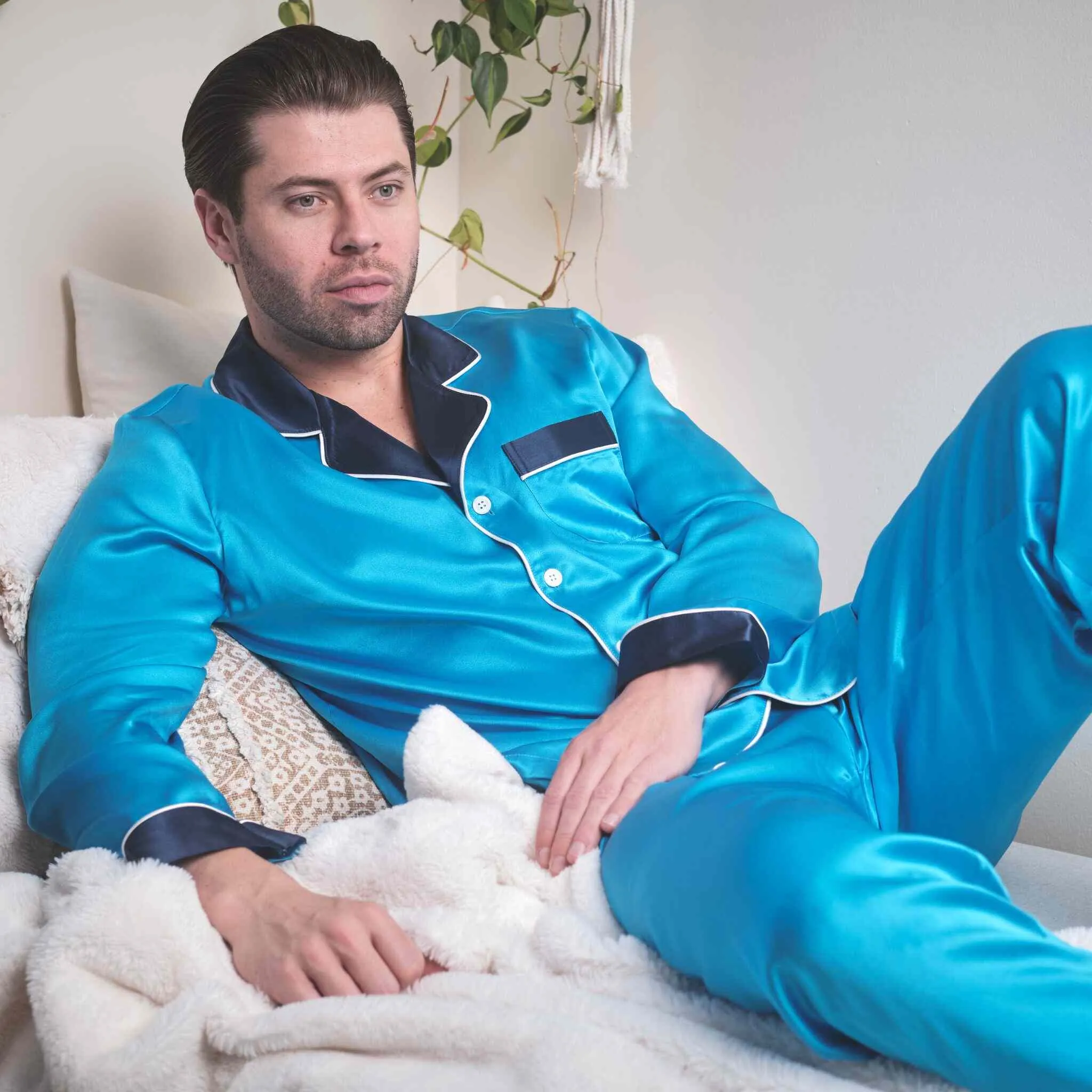 Men's Blue Silk Pajama Set