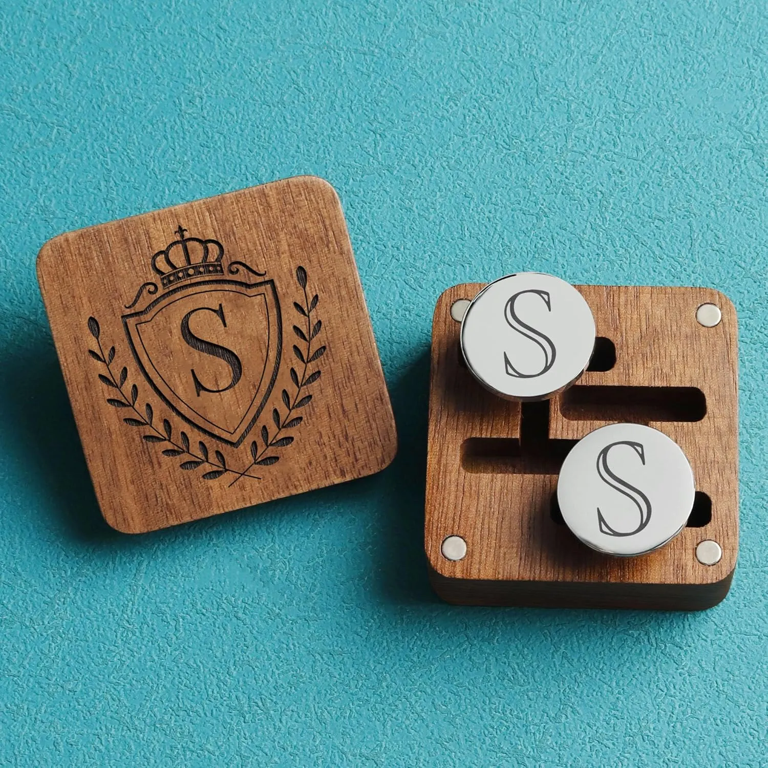 Mens Classic Initial Cuff links A-Z Alphabet 26 Letters Stainless Steel Silver CuffLinks with Engraved Walnut Wood Gift Box Business Wedding Set