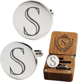 Mens Classic Initial Cuff links A-Z Alphabet 26 Letters Stainless Steel Silver CuffLinks with Engraved Walnut Wood Gift Box Business Wedding Set