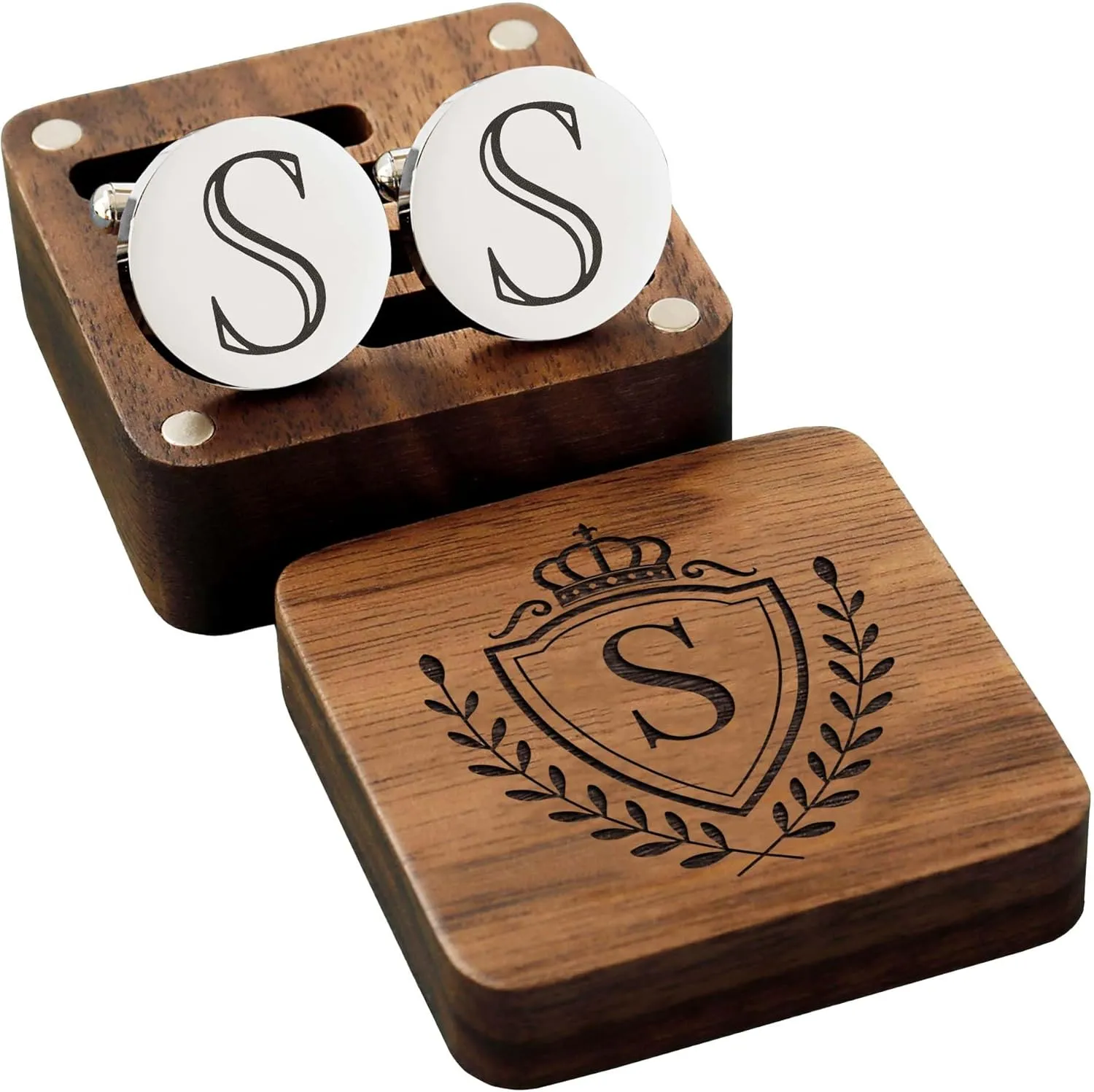 Mens Classic Initial Cuff links A-Z Alphabet 26 Letters Stainless Steel Silver CuffLinks with Engraved Walnut Wood Gift Box Business Wedding Set