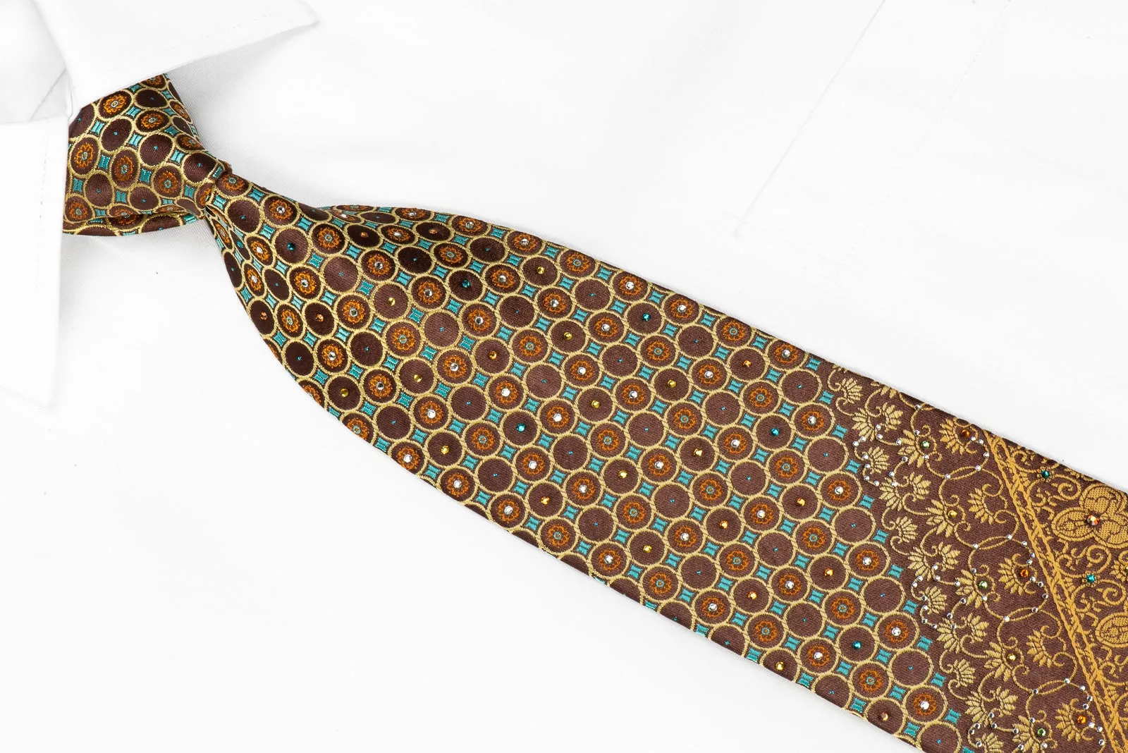 Men's Crystal Rhinestone Silk Necktie Orange Cartouche Geometric On Brown With Sparkles