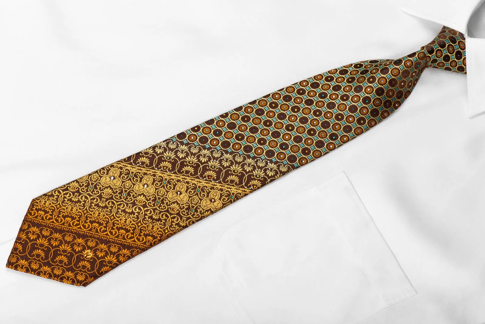 Men's Crystal Rhinestone Silk Necktie Orange Cartouche Geometric On Brown With Sparkles