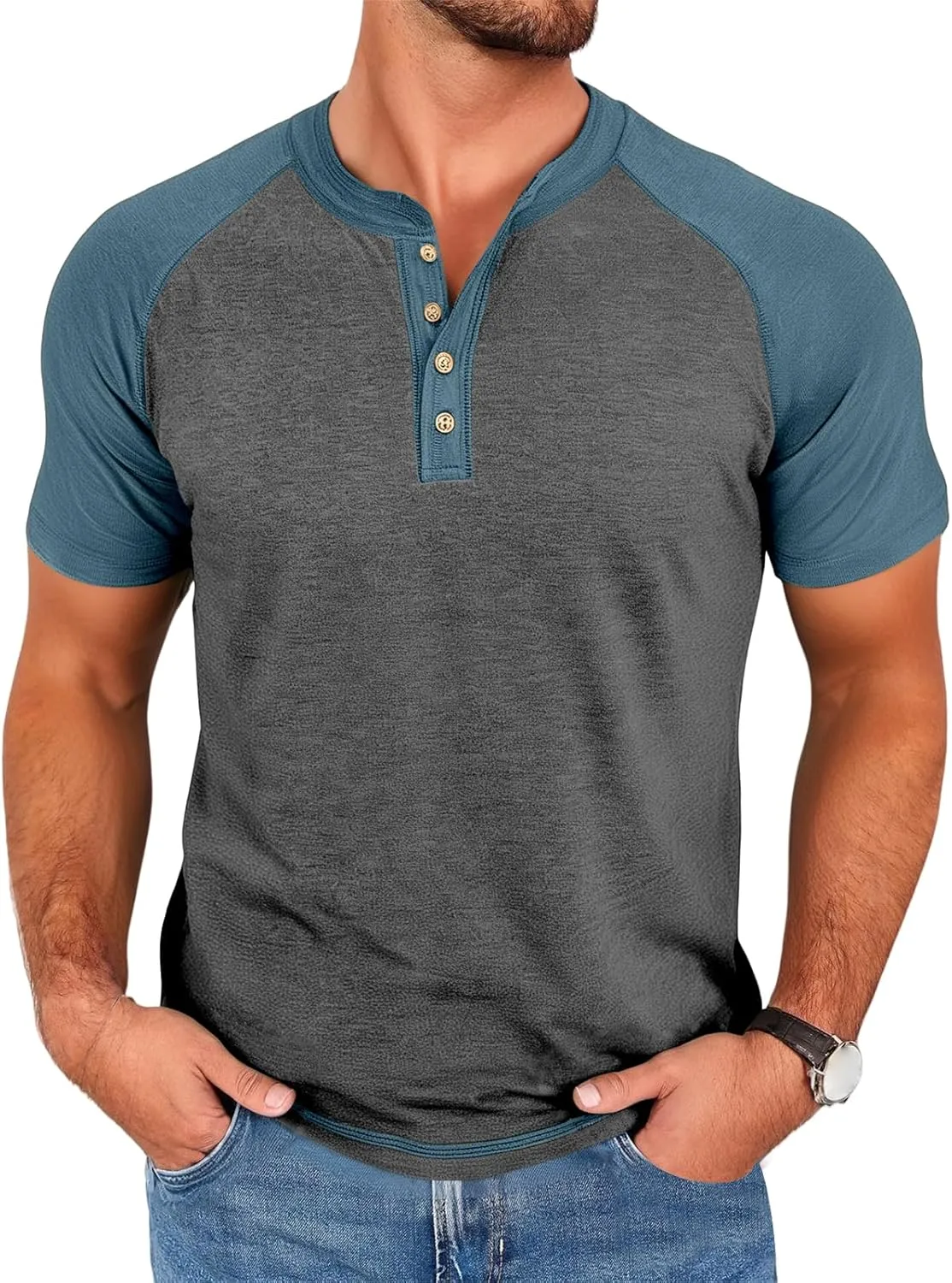 Mens Henley Raglan Short Sleeve T-Shirt Casual Slim Fit Jersey Baseball T Shirts Workout Gym Golf Henley Tee Tops