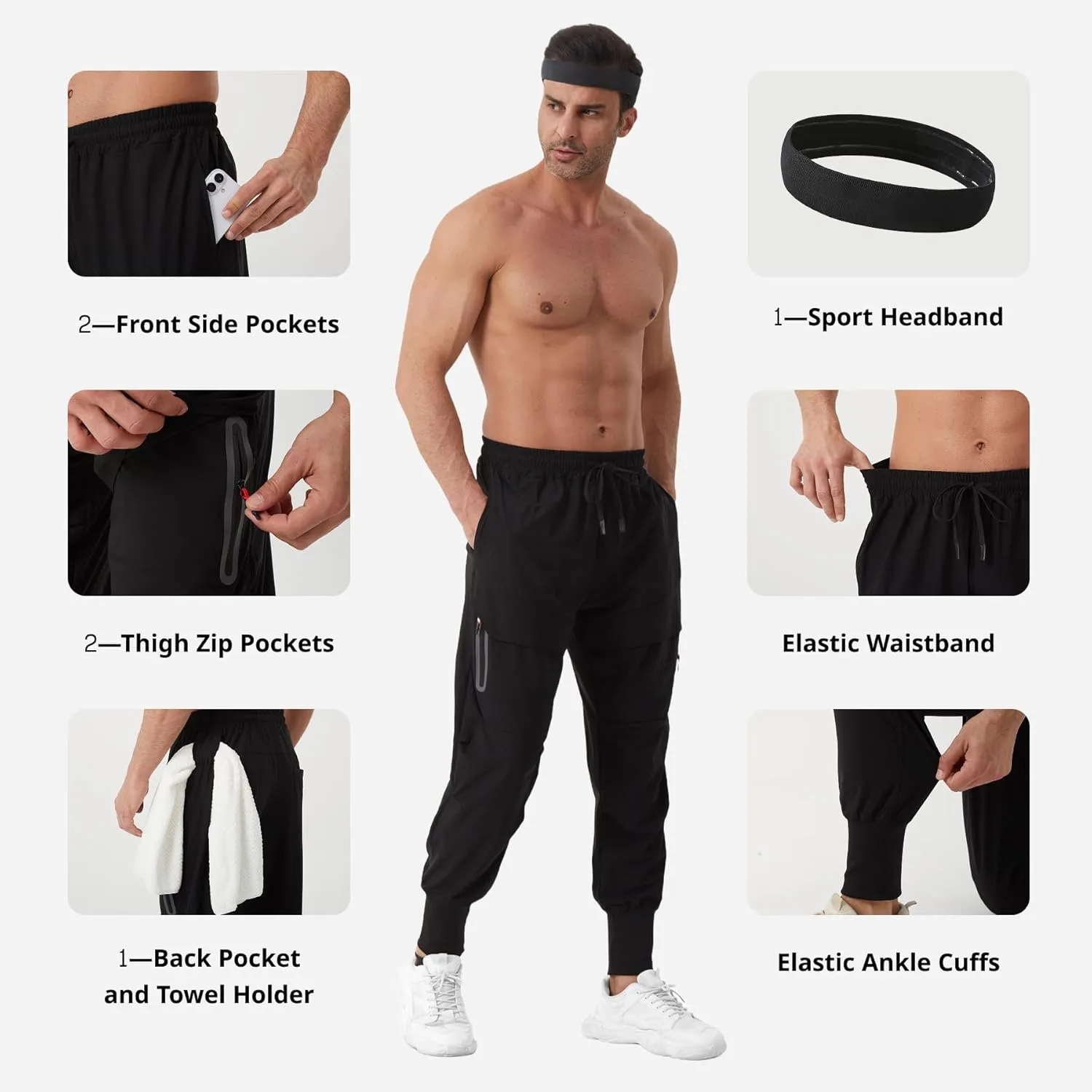 Men's Joggers Sweatpants with Zipper Pockets & Waist Drawstring,Lightweight Cool High Rib Workout Running Pants