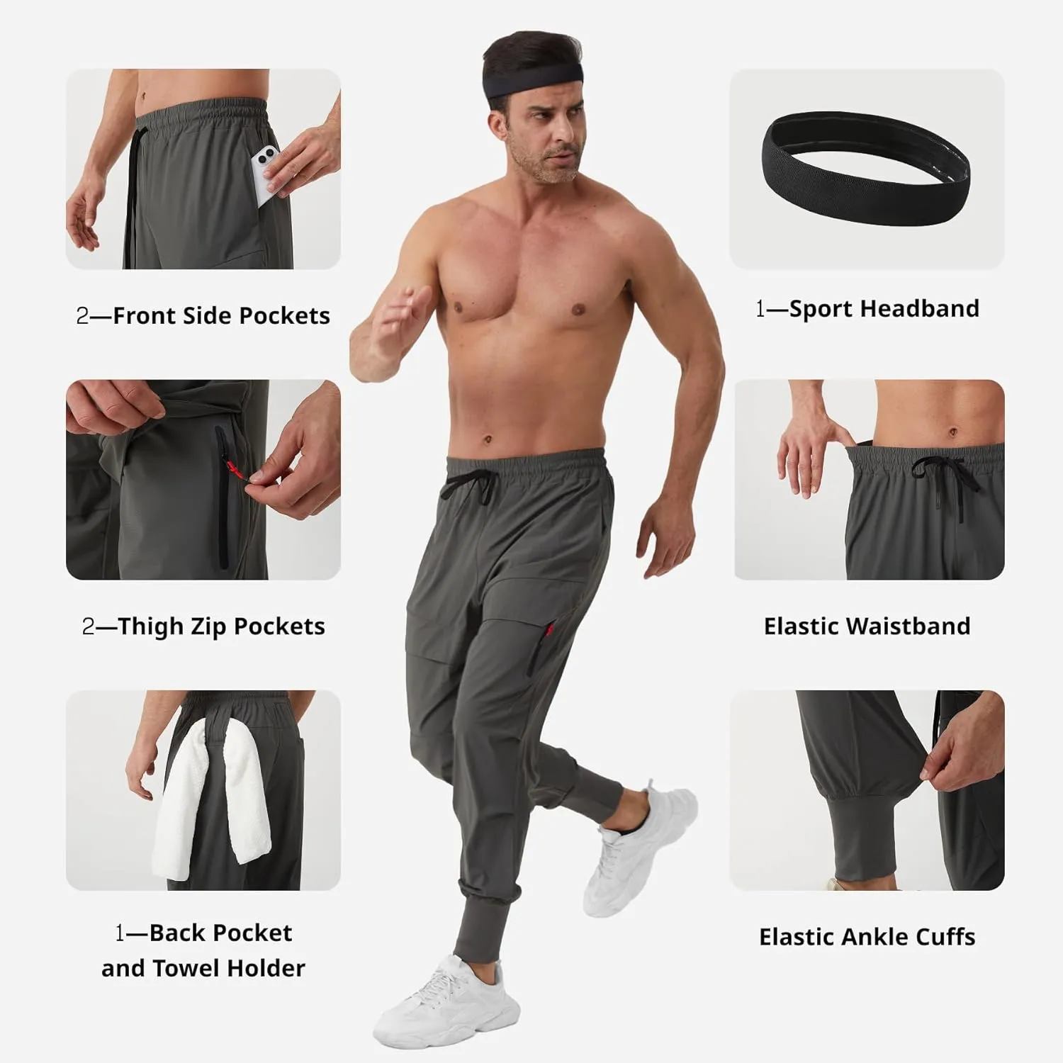 Men's Joggers Sweatpants with Zipper Pockets & Waist Drawstring,Lightweight Cool High Rib Workout Running Pants
