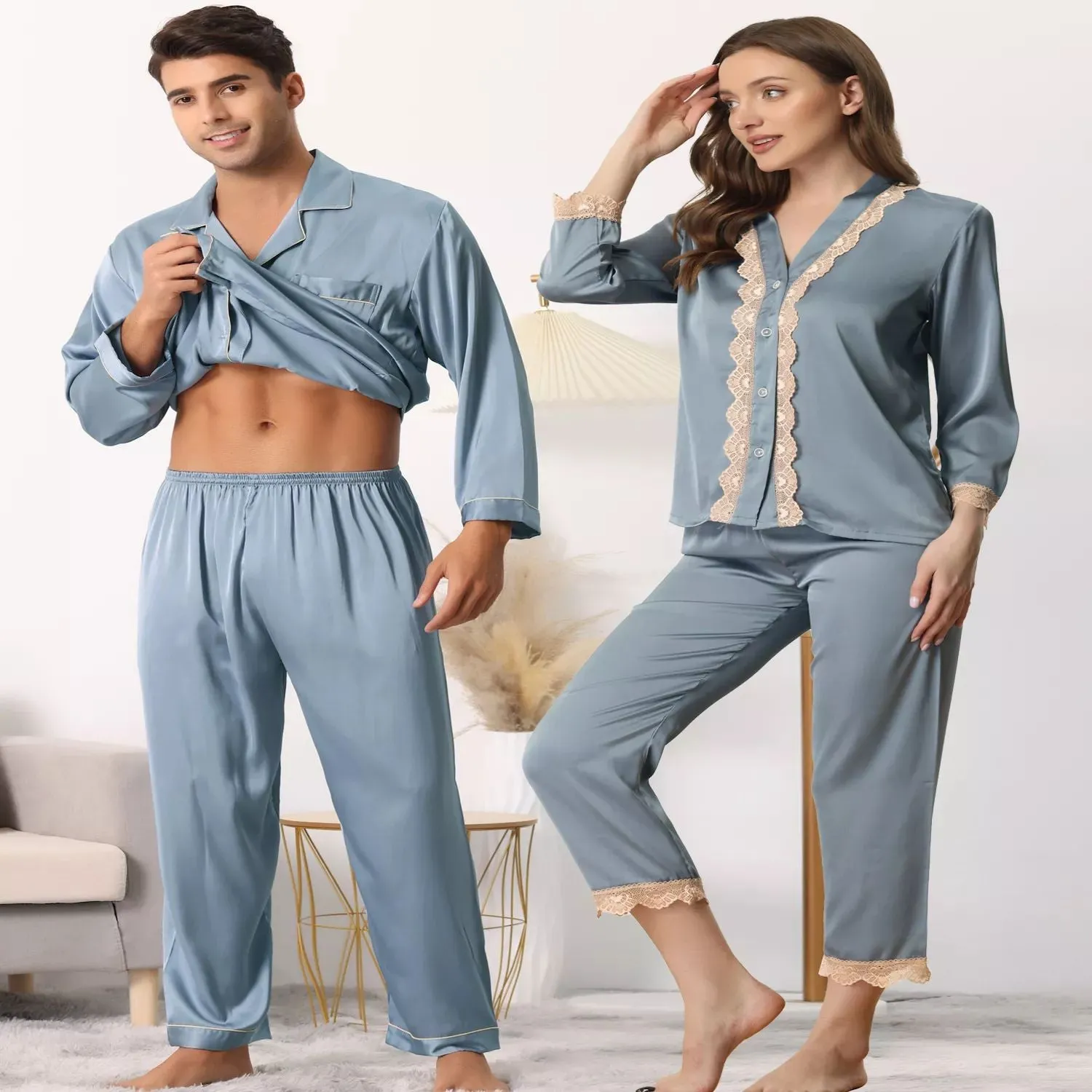 Men's Long Sleeve Sleepwear Button Down Shirt Pants matching pajama sets for couples cheibear