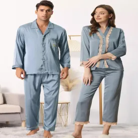 Men's Long Sleeve Sleepwear Button Down Shirt Pants matching pajama sets for couples cheibear