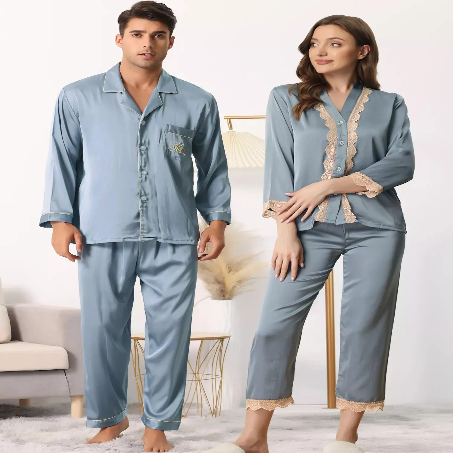 Men's Long Sleeve Sleepwear Button Down Shirt Pants matching pajama sets for couples cheibear