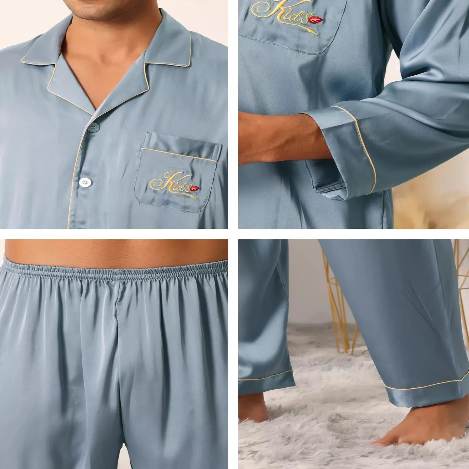 Men's Long Sleeve Sleepwear Button Down Shirt Pants matching pajama sets for couples cheibear