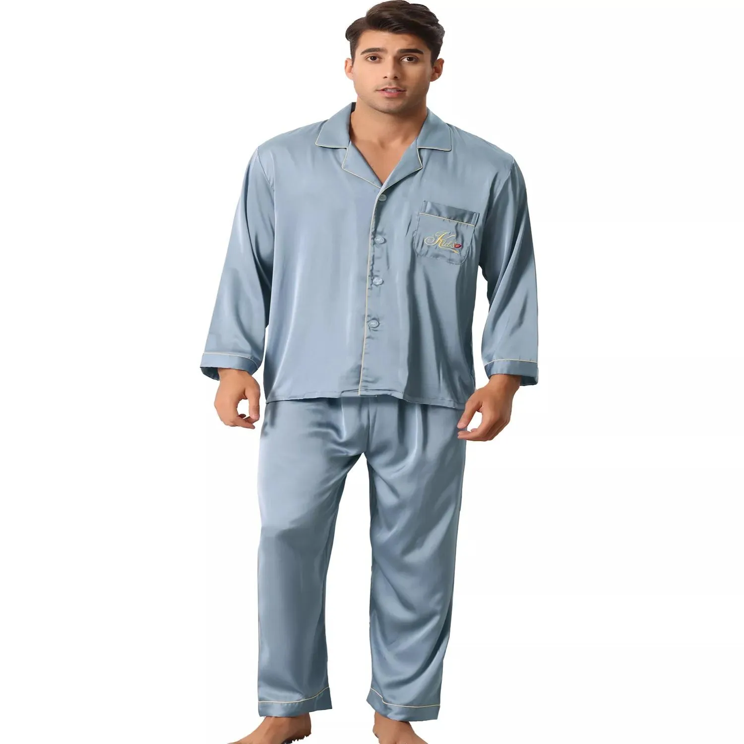 Men's Long Sleeve Sleepwear Button Down Shirt Pants matching pajama sets for couples cheibear