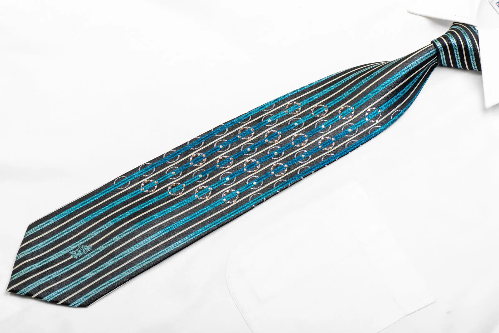 Men's Rhinestone Silk Necktie Silver Blue Vertical Striped On Black