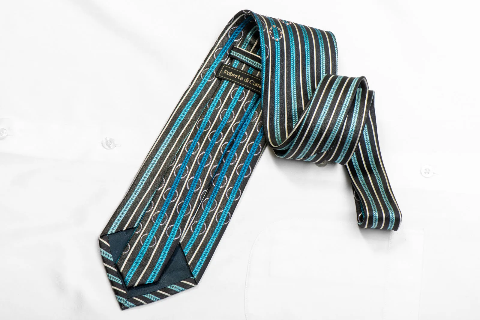 Men's Rhinestone Silk Necktie Silver Blue Vertical Striped On Black