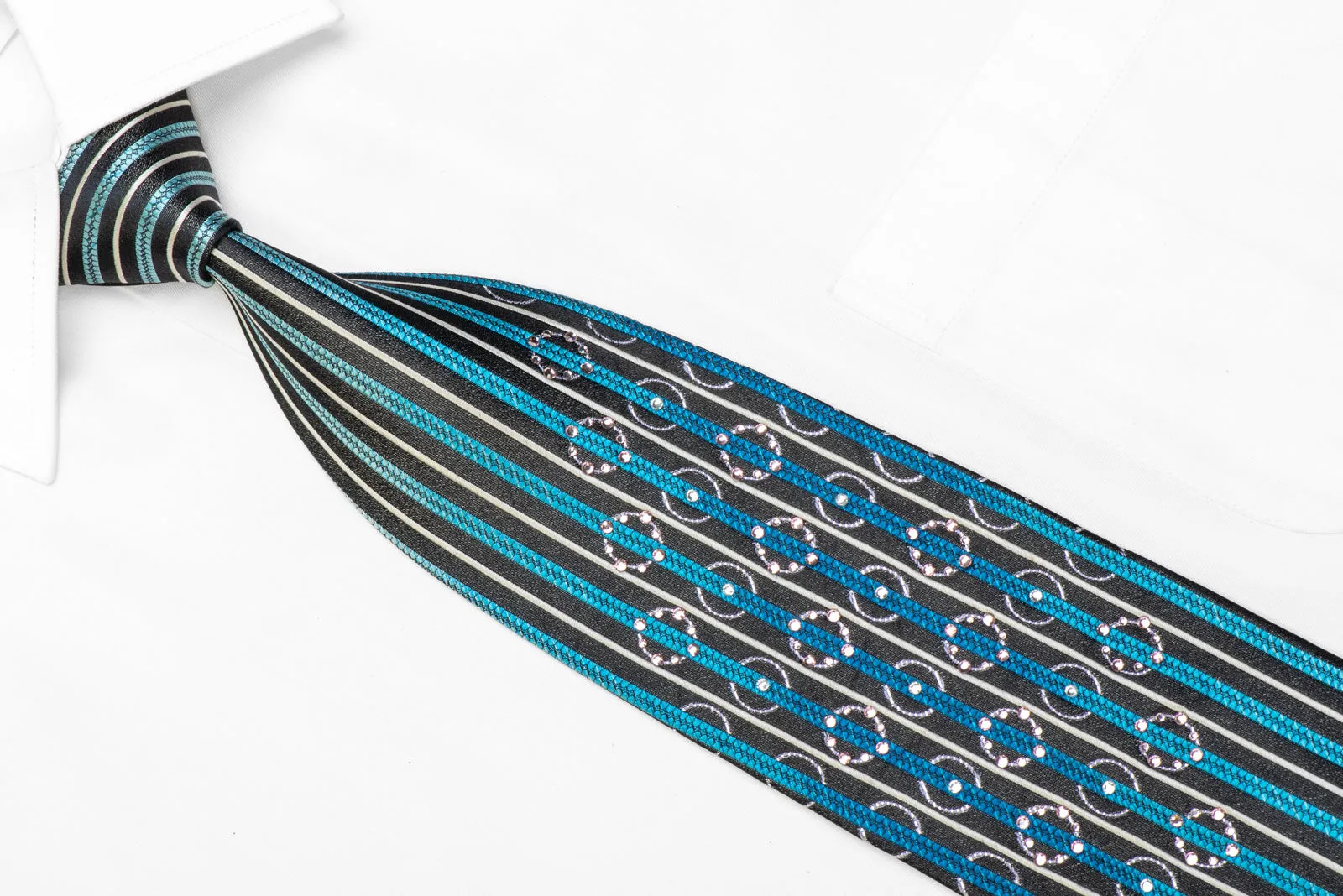 Men's Rhinestone Silk Necktie Silver Blue Vertical Striped On Black