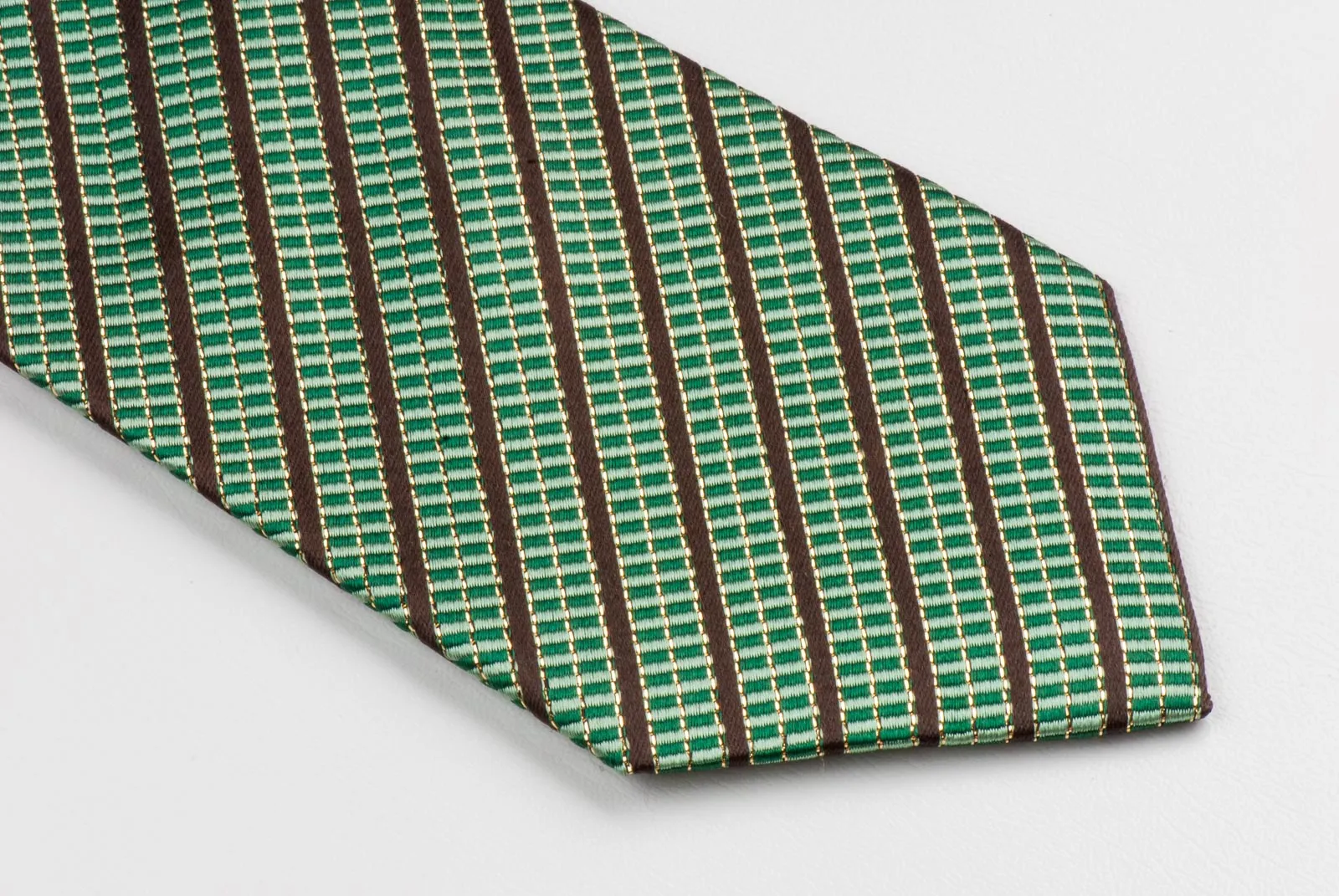 Men's Silk Neck Tie By Michel Angelo Brown Stripes On Green With Gold Sparkles